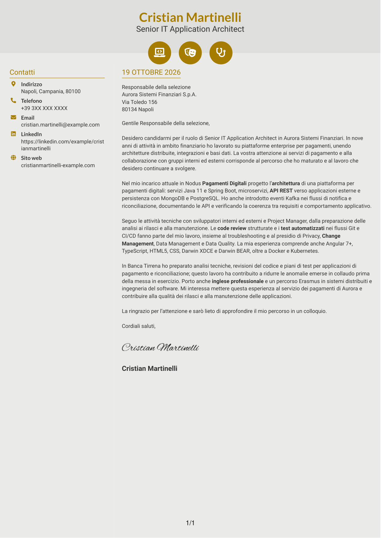 Lettera di presentazione Dinamico (formato a due colonne con icone): Senior IT Application Architect - Pagamenti, pagina 1