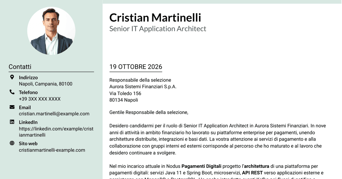 7 modelli di lettera di presentazione per Senior IT Application Architect - Pagamenti, con esempi