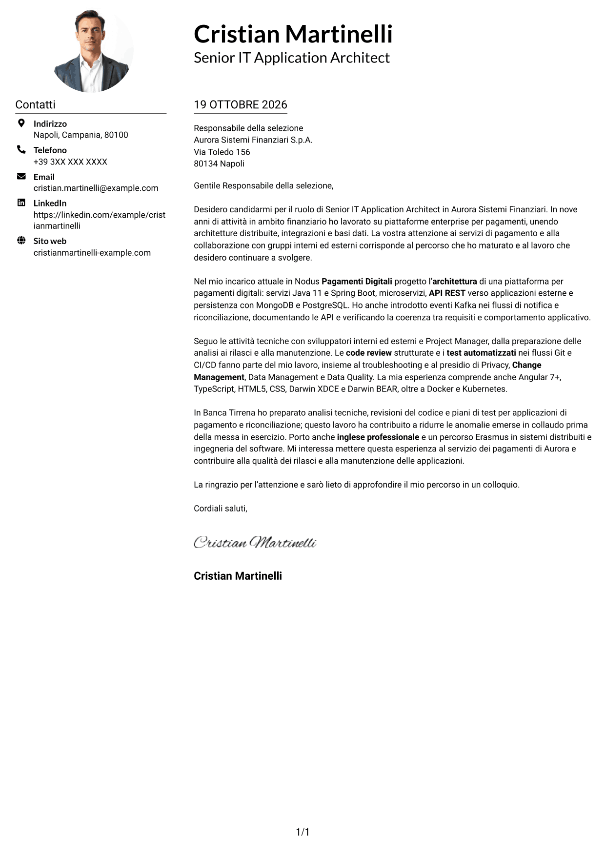 Esempio di lettera di presentazione — pagina 1