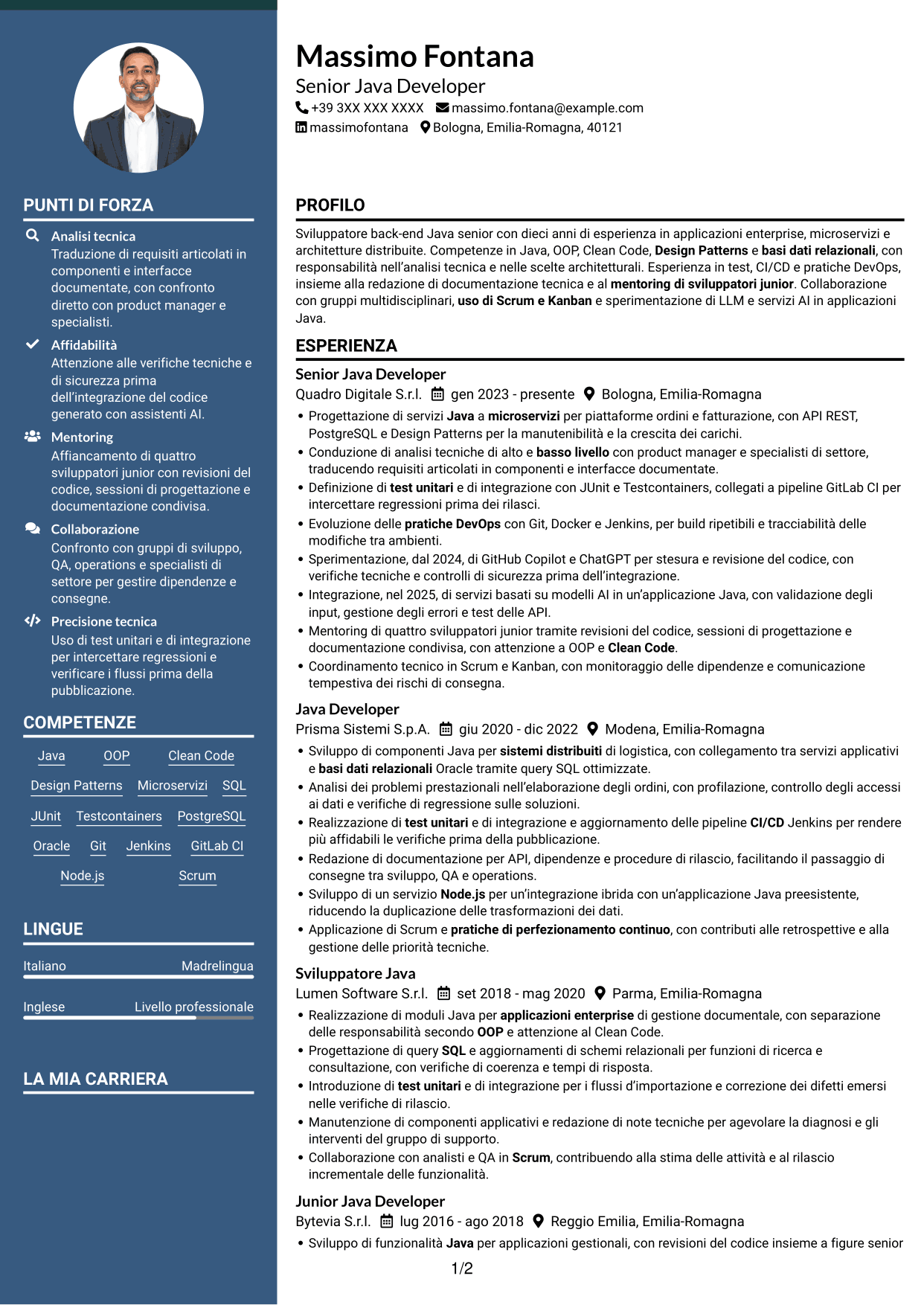 CV Elegante (formato con colonna laterale colorata e foto): Senior Java Developer - Architetture enterprise e microservizi, pagina 1