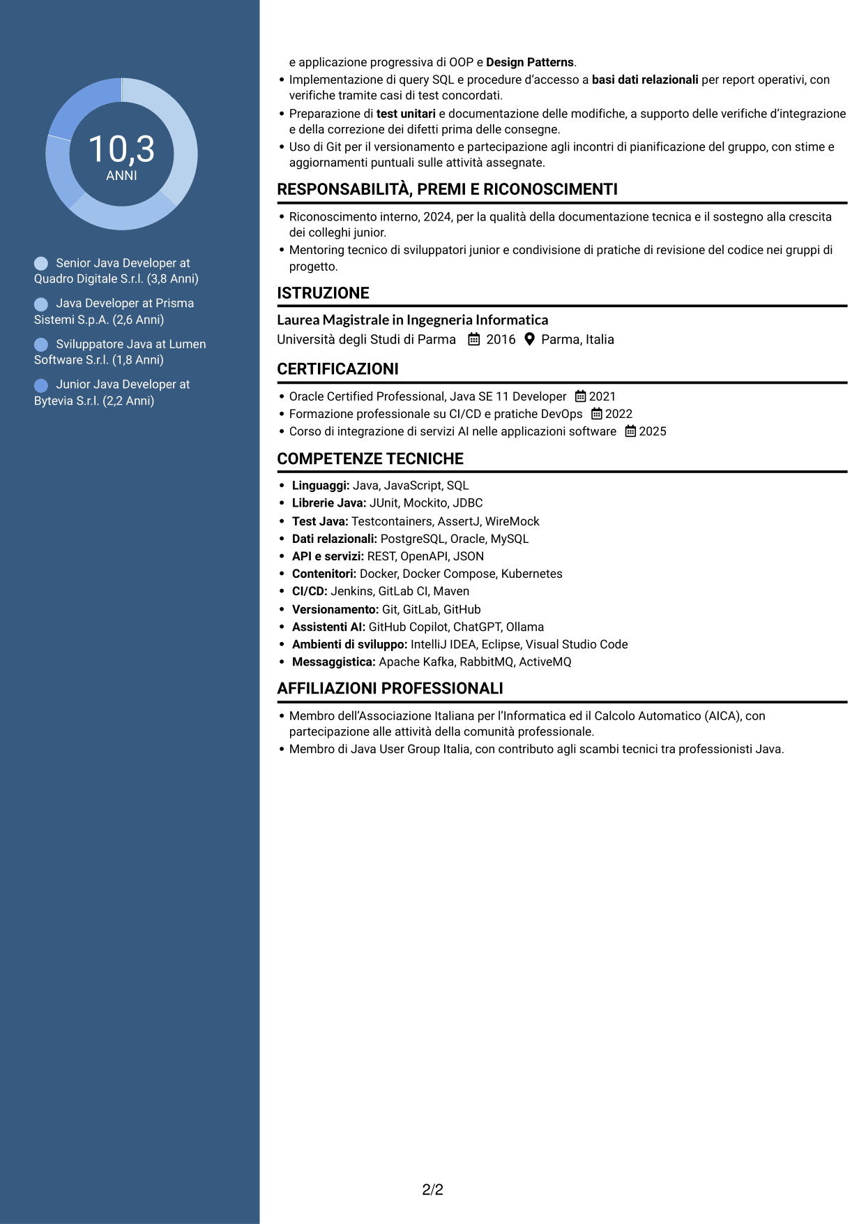 CV Elegante (formato con colonna laterale colorata e foto): Senior Java Developer - Architetture enterprise e microservizi, pagina 2