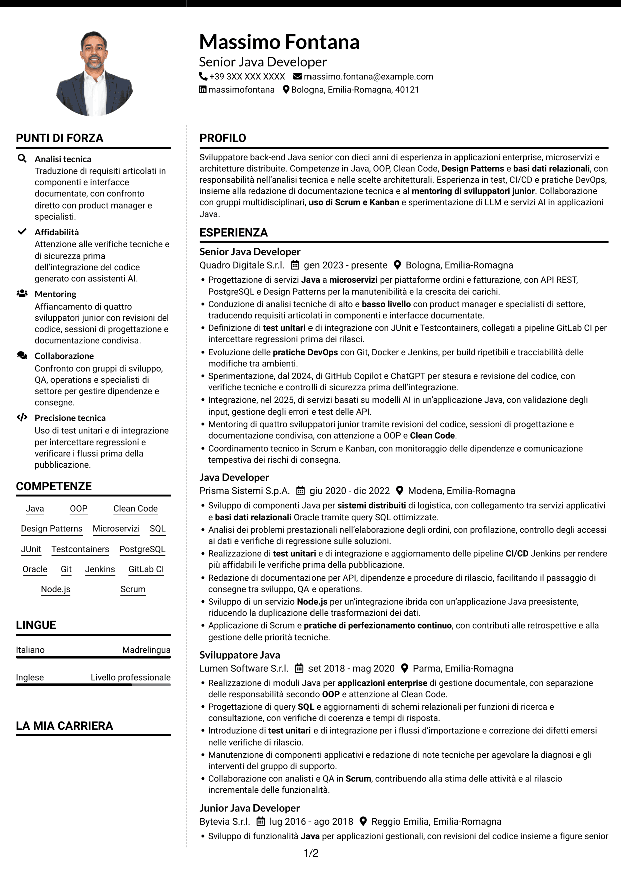 CV Moderno (formato a due colonne con foto a sinistra e separatore): Senior Java Developer - Architetture enterprise e microservizi, pagina 1