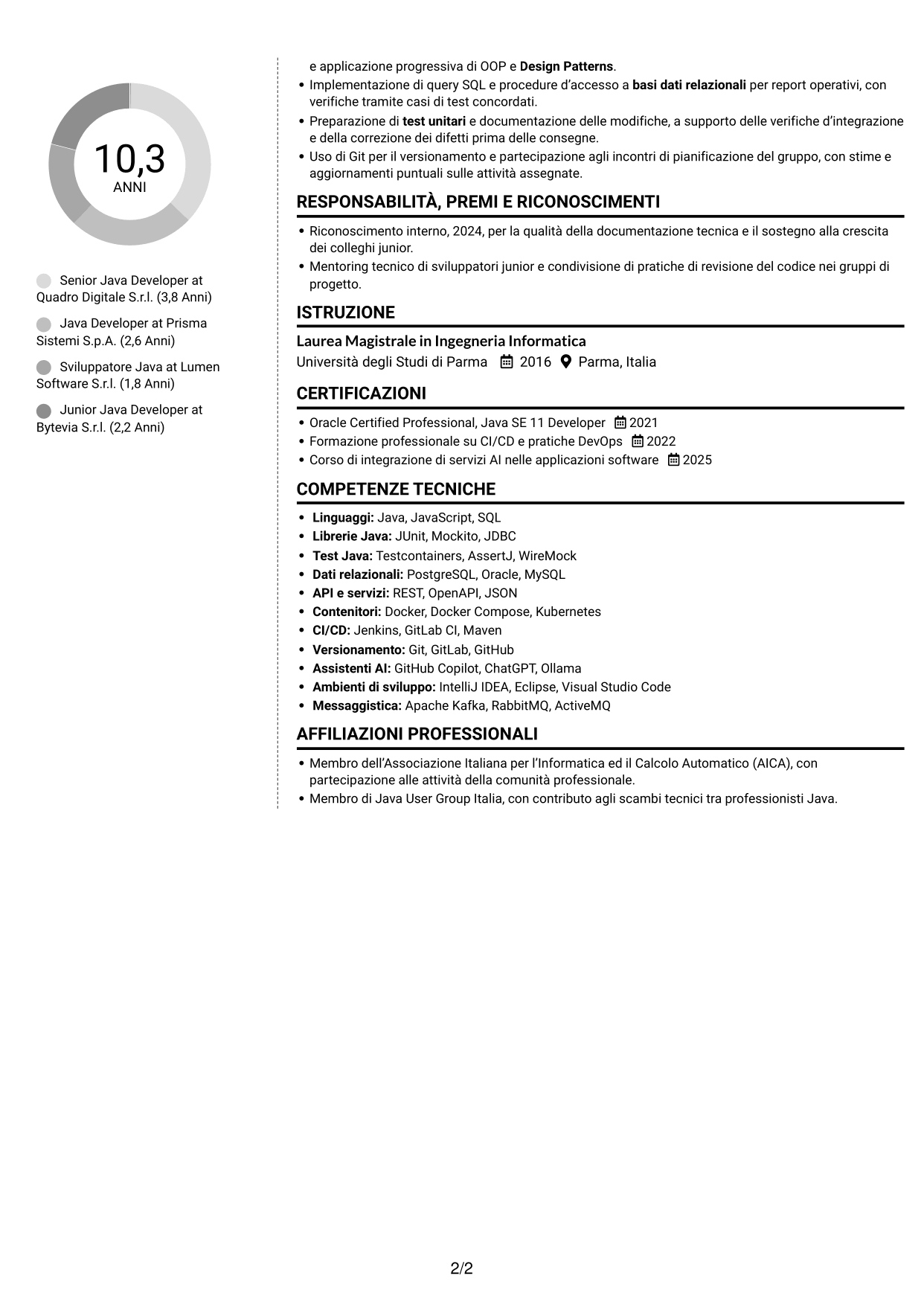 CV Moderno (formato a due colonne con foto a sinistra e separatore): Senior Java Developer - Architetture enterprise e microservizi, pagina 2
