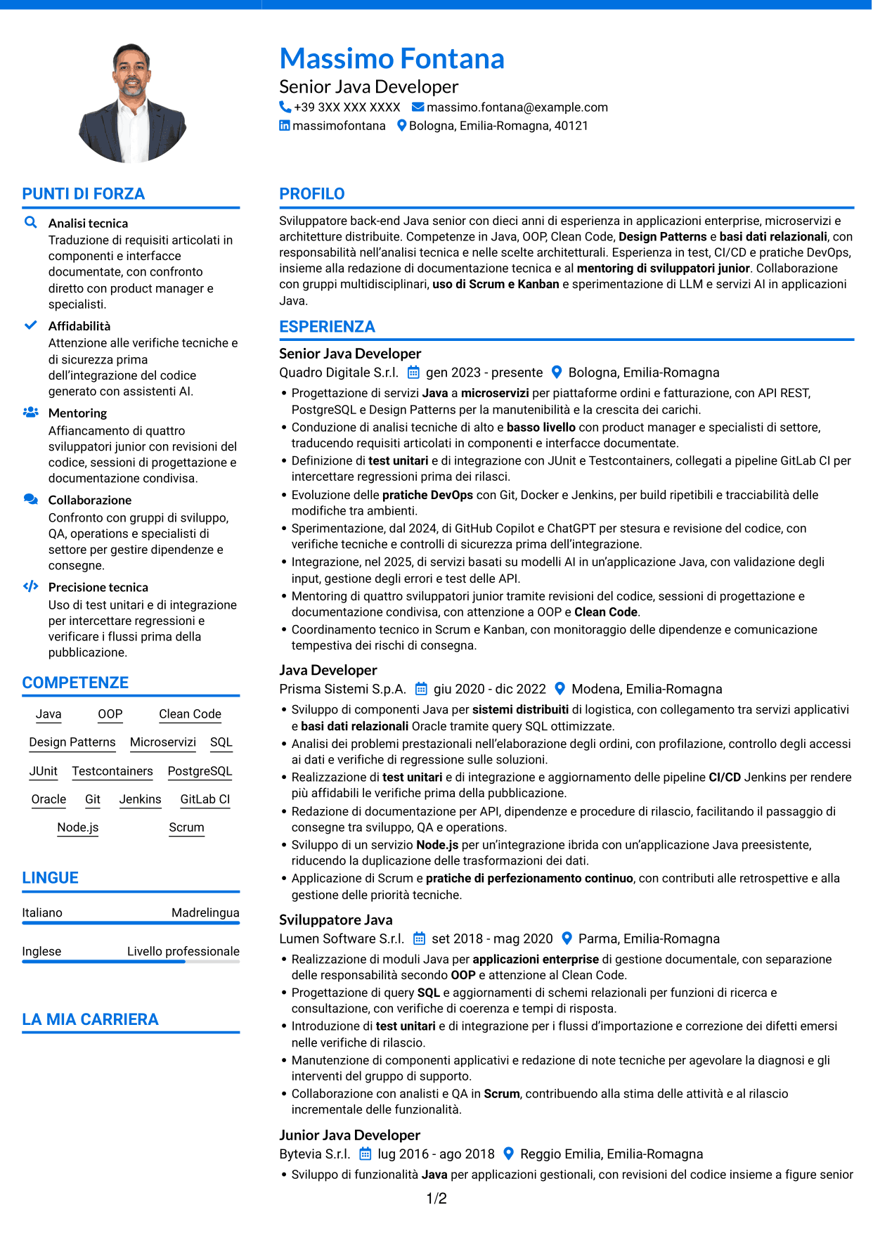 CV Audace (formato a due colonne con accenti colorati e foto): Senior Java Developer - Architetture enterprise e microservizi, pagina 1
