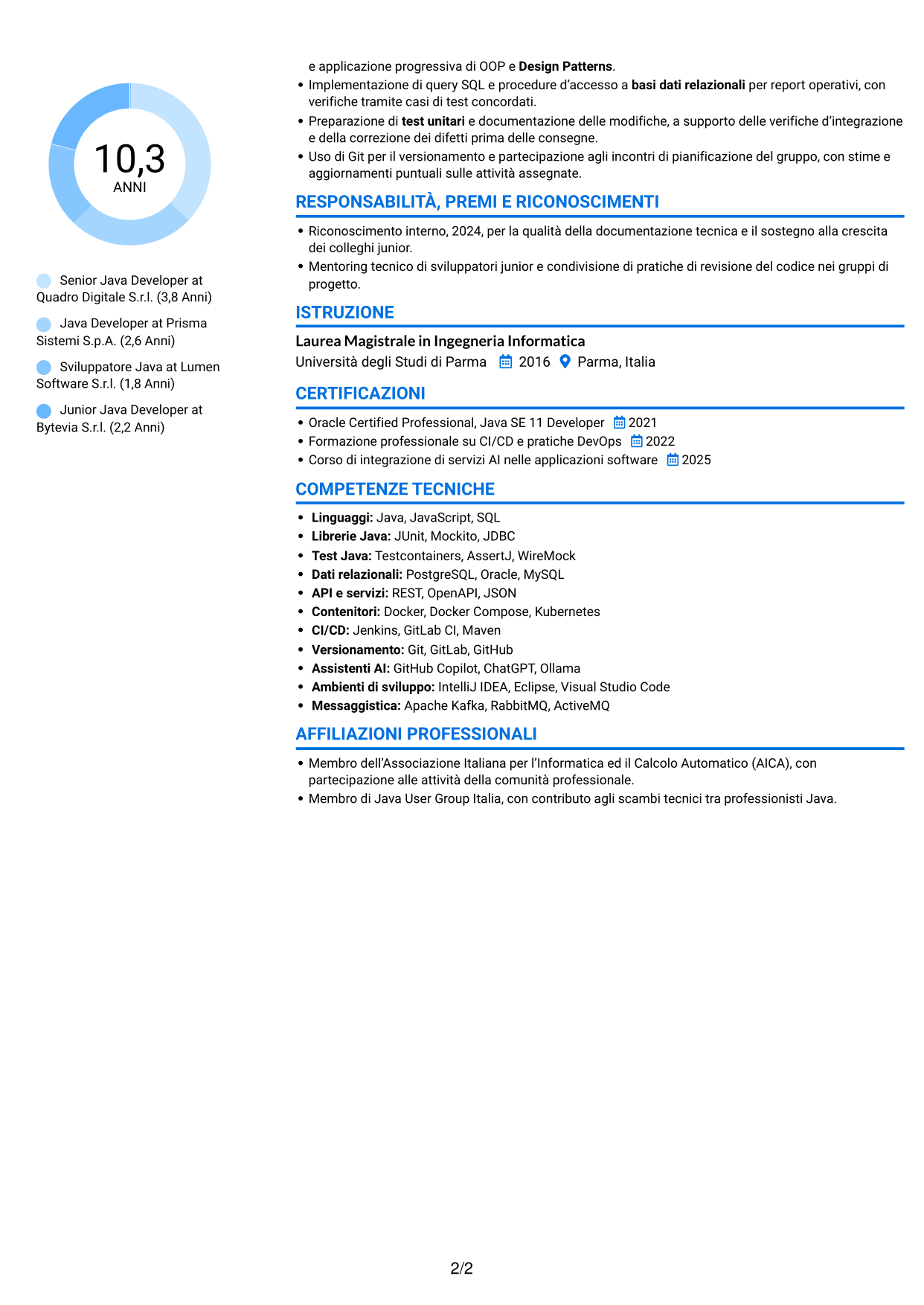 CV Audace (formato a due colonne con accenti colorati e foto): Senior Java Developer - Architetture enterprise e microservizi, pagina 2
