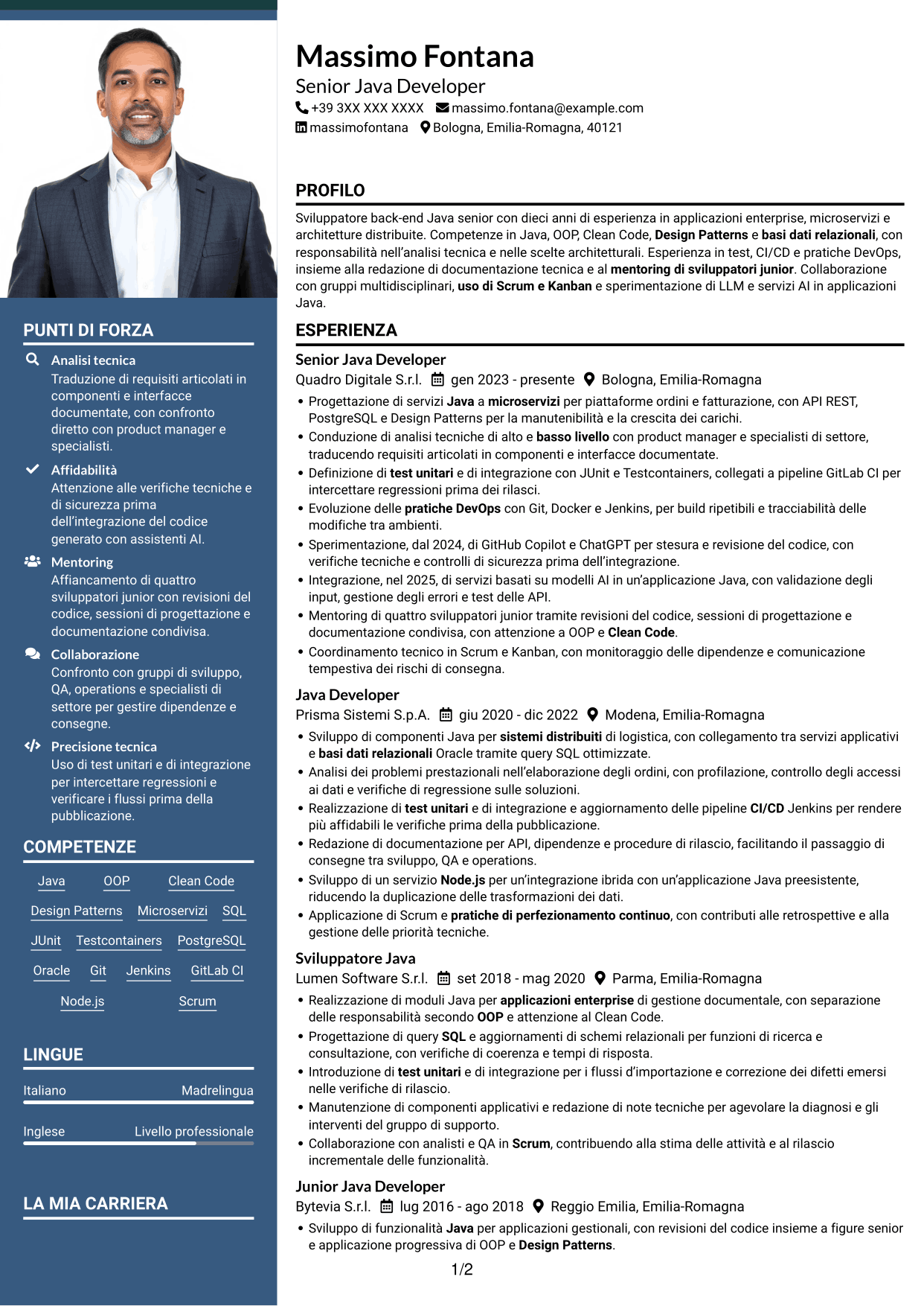 CV Signature (formato con colonna laterale colorata e foto grande): Senior Java Developer - Architetture enterprise e microservizi, pagina 1