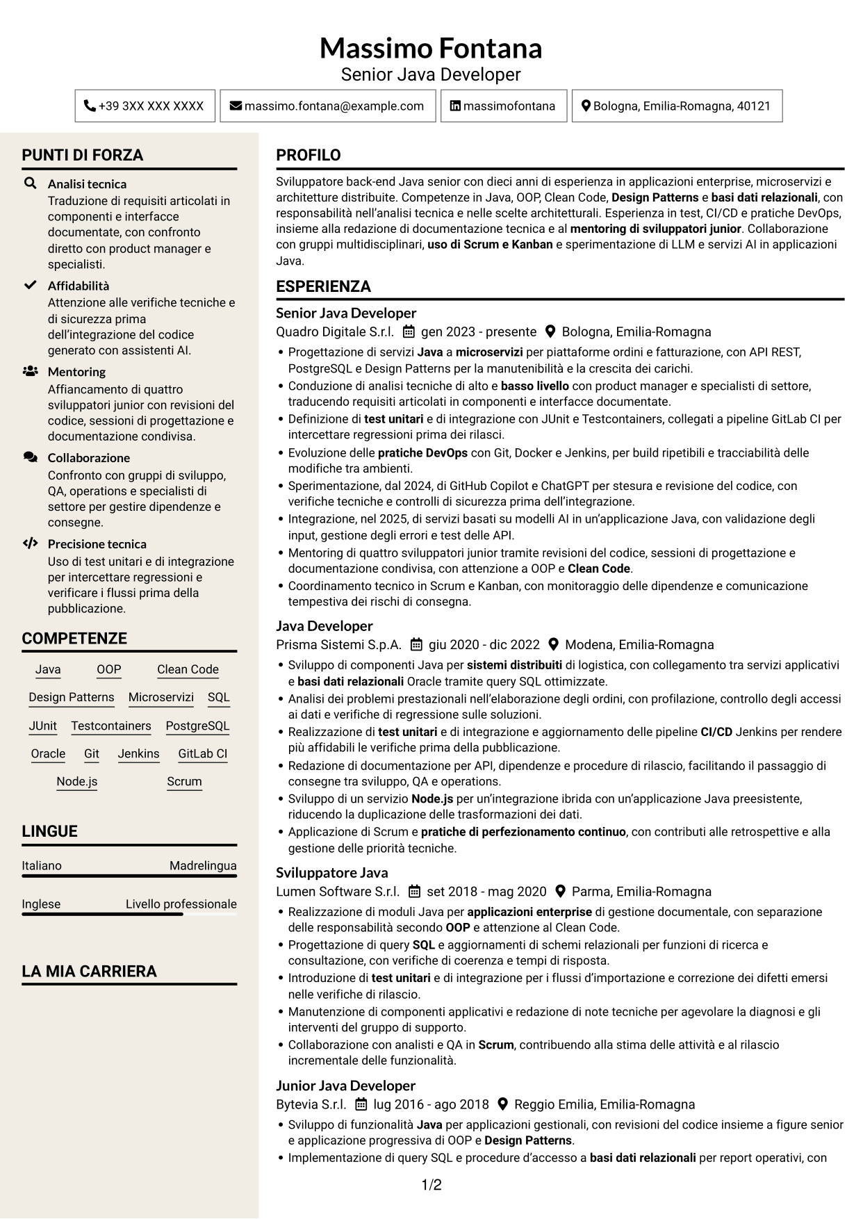 CV Intraprendente (formato a due colonne con intestazione centrata senza foto): Senior Java Developer - Architetture enterprise e microservizi, pagina 1