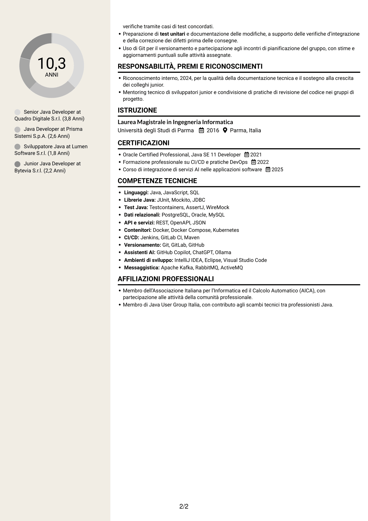 CV Intraprendente (formato a due colonne con intestazione centrata senza foto): Senior Java Developer - Architetture enterprise e microservizi, pagina 2