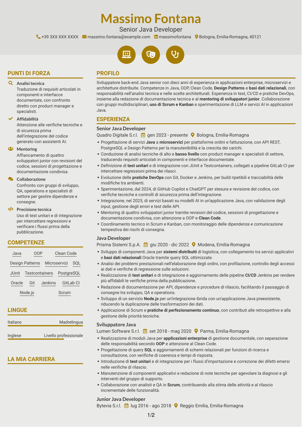 CV Dinamico (formato a due colonne con icone): Senior Java Developer - Architetture enterprise e microservizi, pagina 1