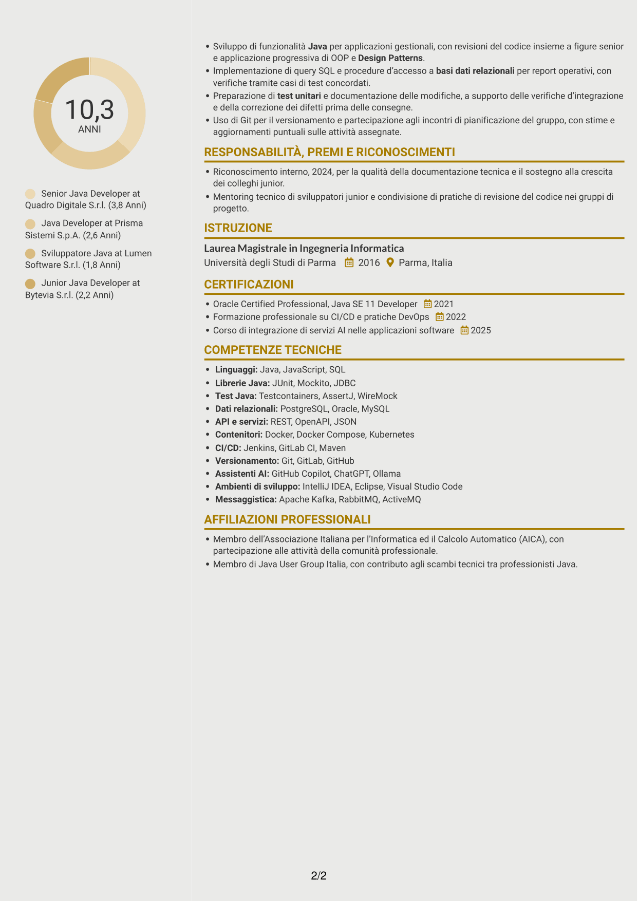 CV Dinamico (formato a due colonne con icone): Senior Java Developer - Architetture enterprise e microservizi, pagina 2