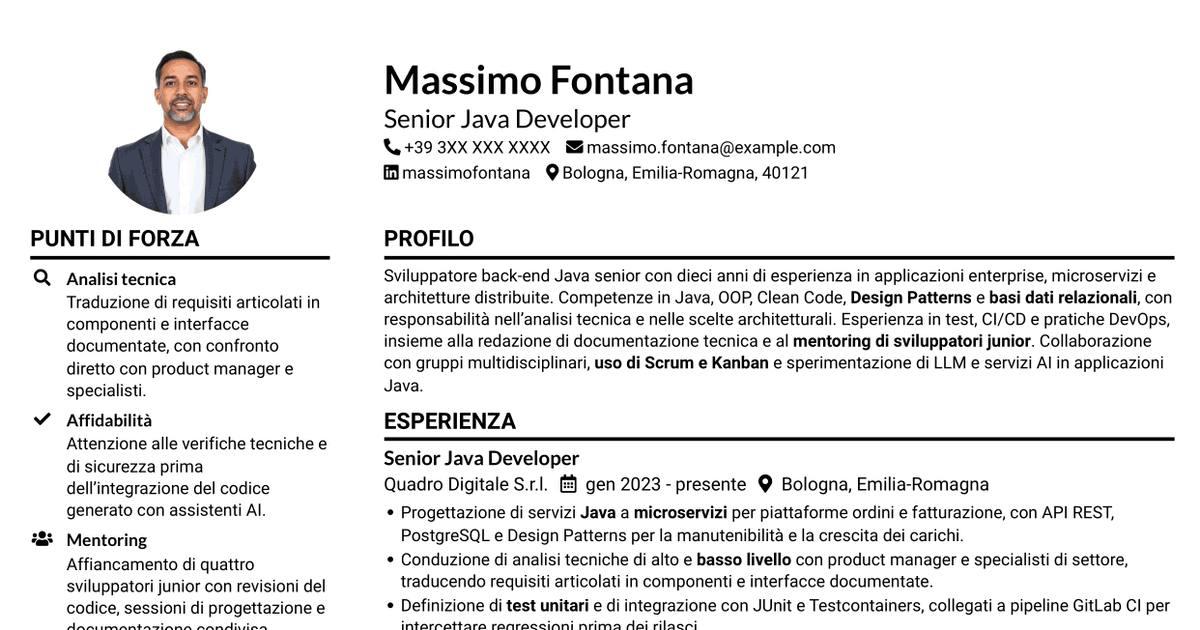 7 modelli di CV per Senior Java Developer - Architetture enterprise e microservizi, con esempi