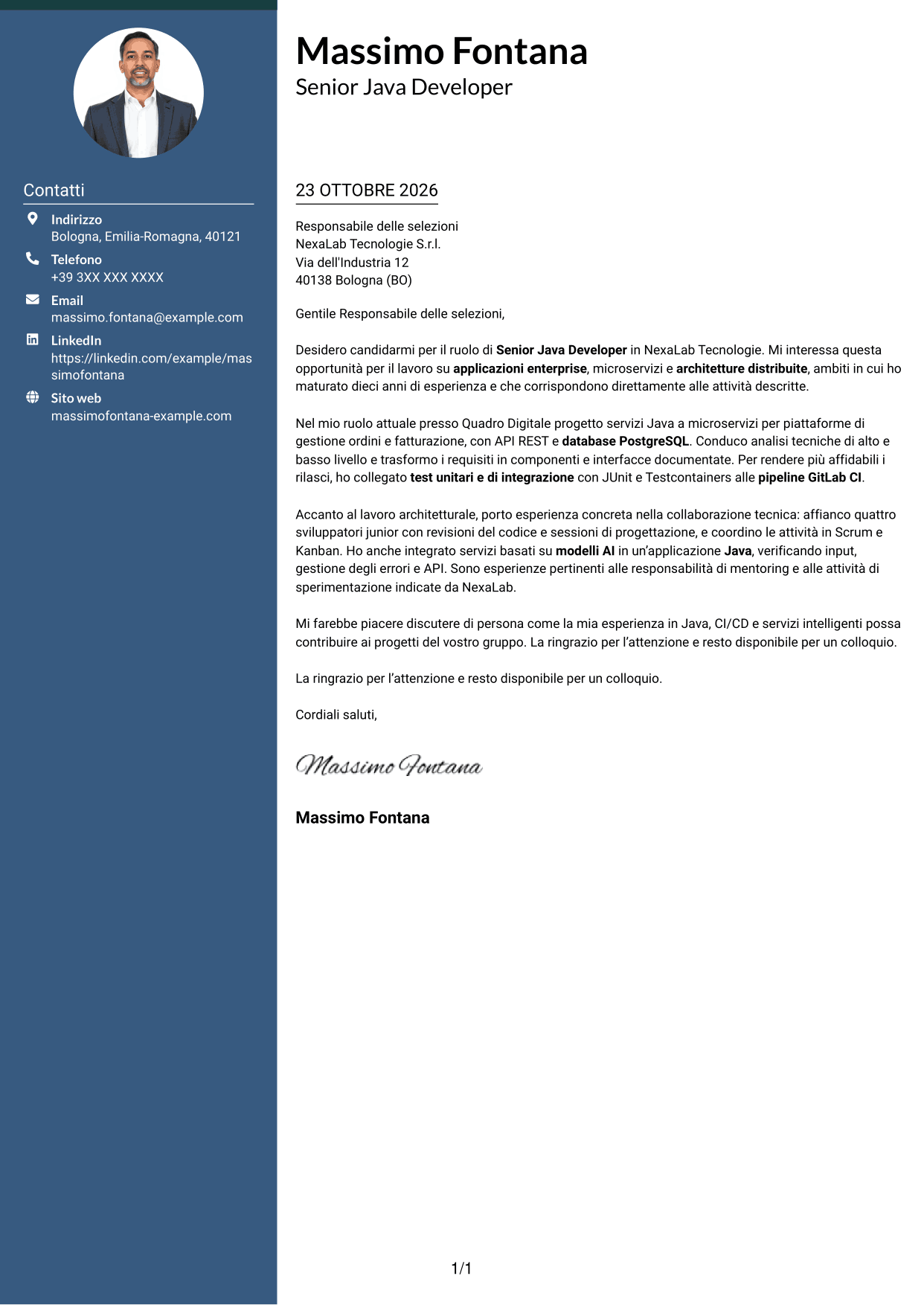Lettera di presentazione Elegante (formato con colonna laterale colorata e foto): Senior Java Developer - Architetture enterprise e microservizi, pagina 1