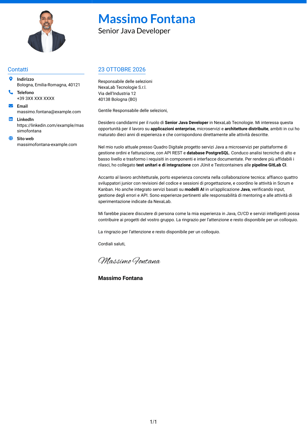 Lettera di presentazione Audace (formato a due colonne con accenti colorati e foto): Senior Java Developer - Architetture enterprise e microservizi, pagina 1