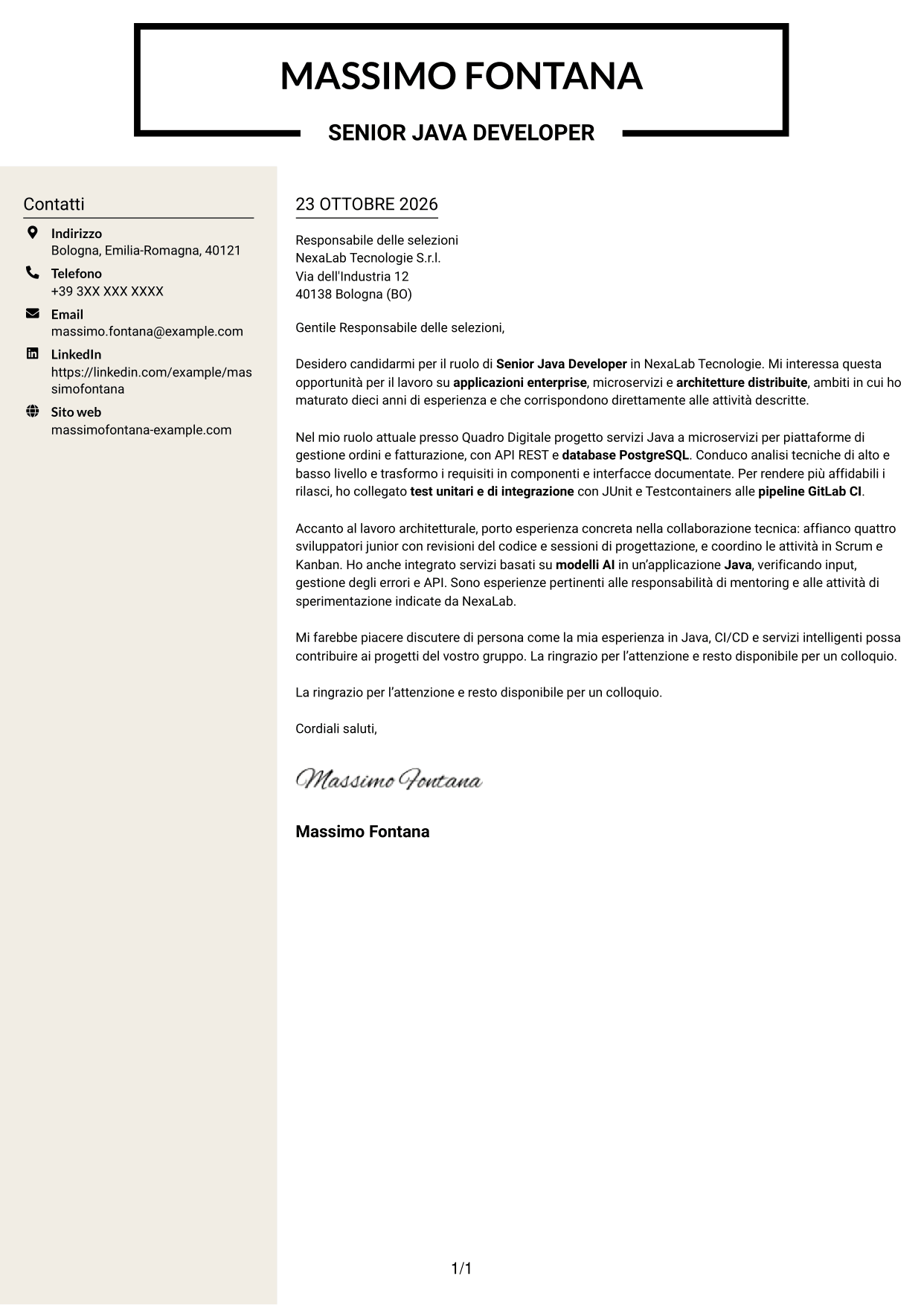 Lettera di presentazione Intraprendente (formato a due colonne con intestazione centrata senza foto): Senior Java Developer - Architetture enterprise e microservizi, pagina 1