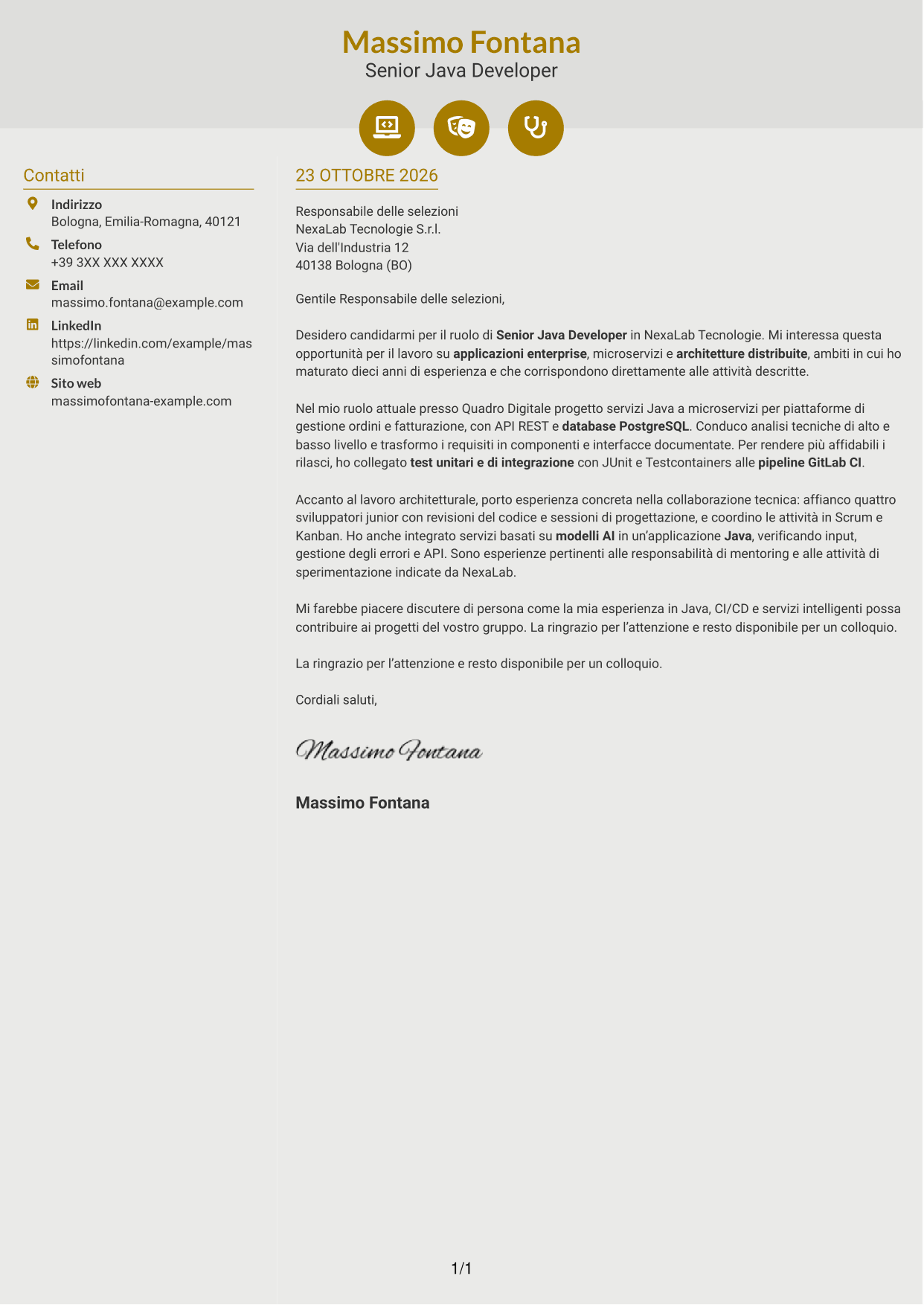 Lettera di presentazione Dinamico (formato a due colonne con icone): Senior Java Developer - Architetture enterprise e microservizi, pagina 1
