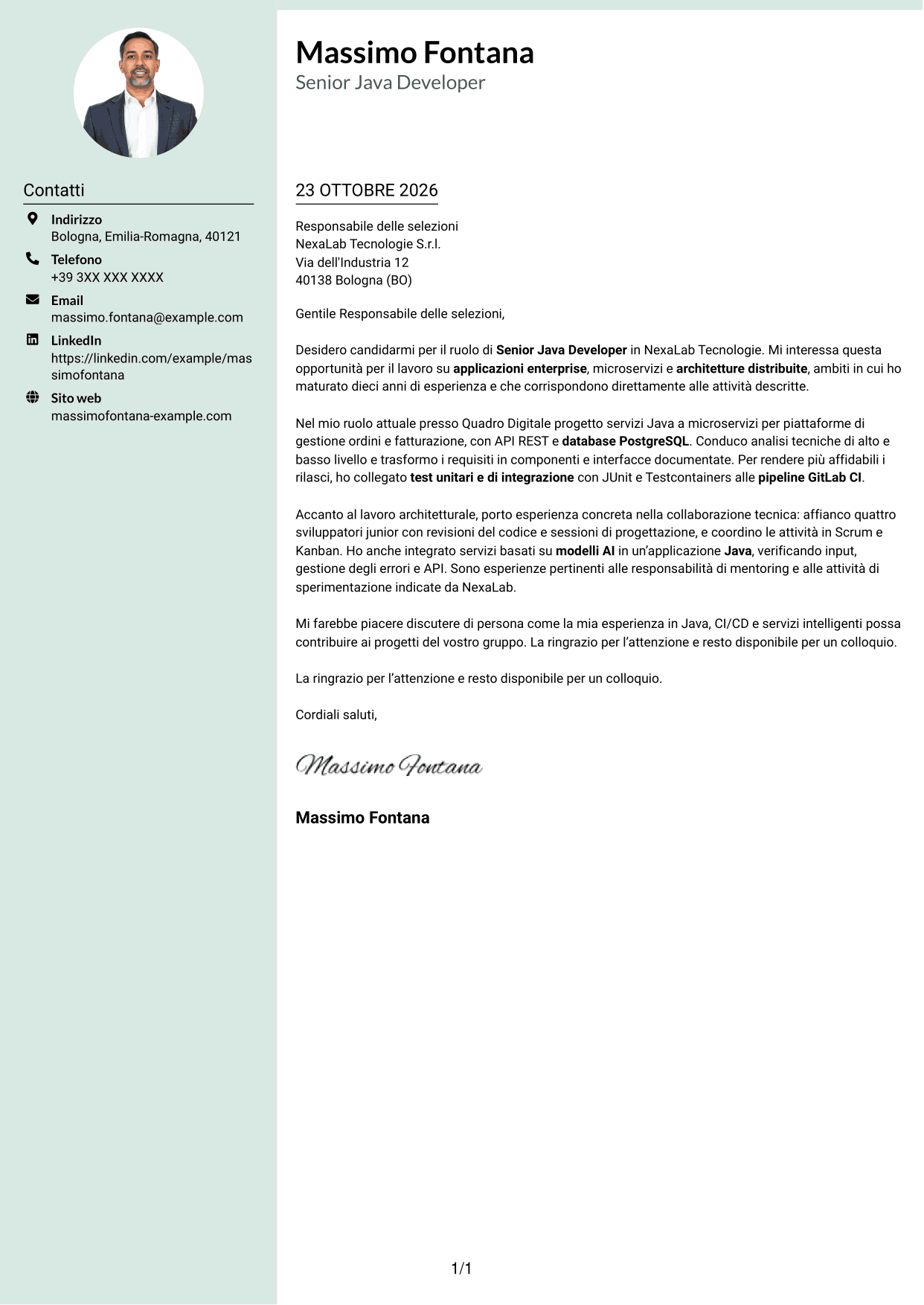 Lettera di presentazione Dirigente (formato con colonna laterale tenue e foto arrotondata): Senior Java Developer - Architetture enterprise e microservizi, pagina 1