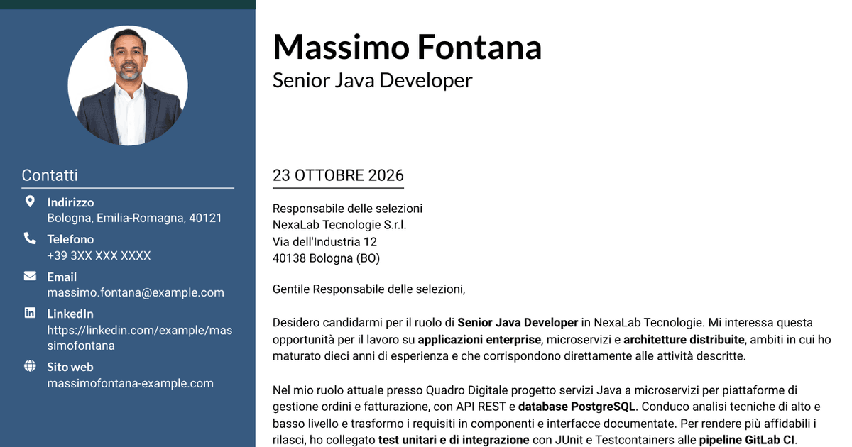 7 modelli di lettera di presentazione per Senior Java Developer - Architetture enterprise e microservizi, con esempi