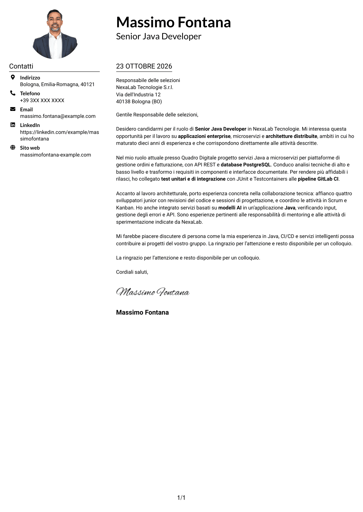 Esempio di lettera di presentazione — pagina 1