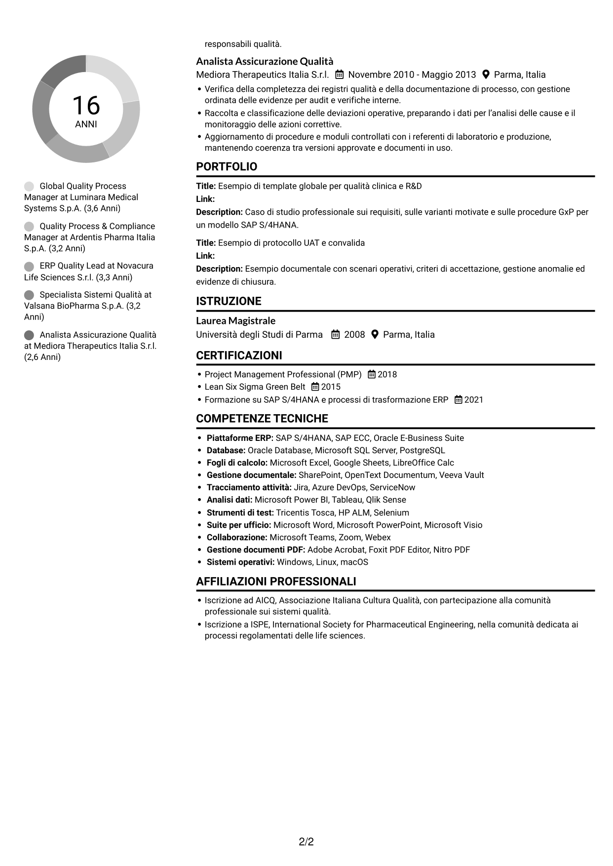 CV Compatto (formato sobrio a due colonne con foto): Senior Manager, Digital Quality - Clinical/R&D Quality, pagina 2
