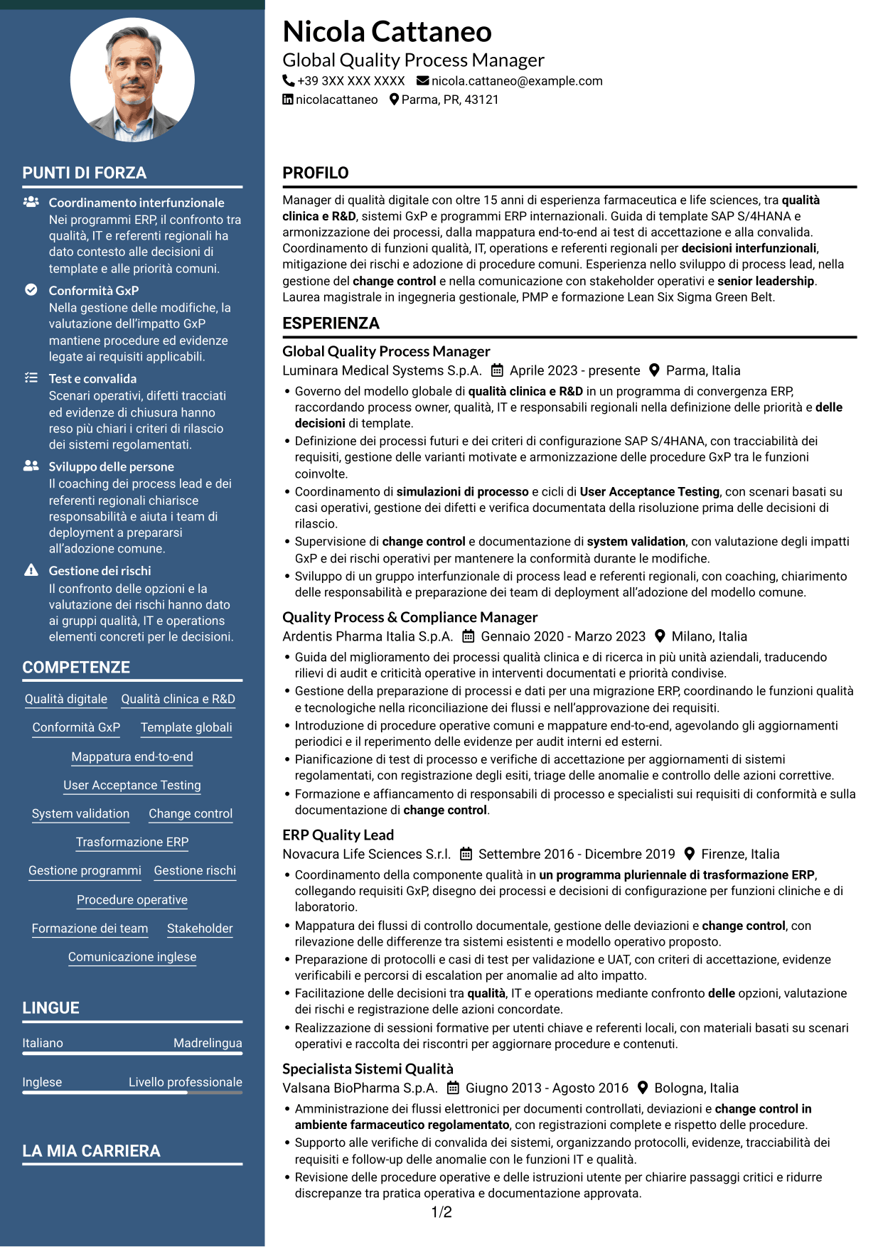 CV Elegante (formato con colonna laterale colorata e foto): Senior Manager, Digital Quality - Clinical/R&D Quality, pagina 1