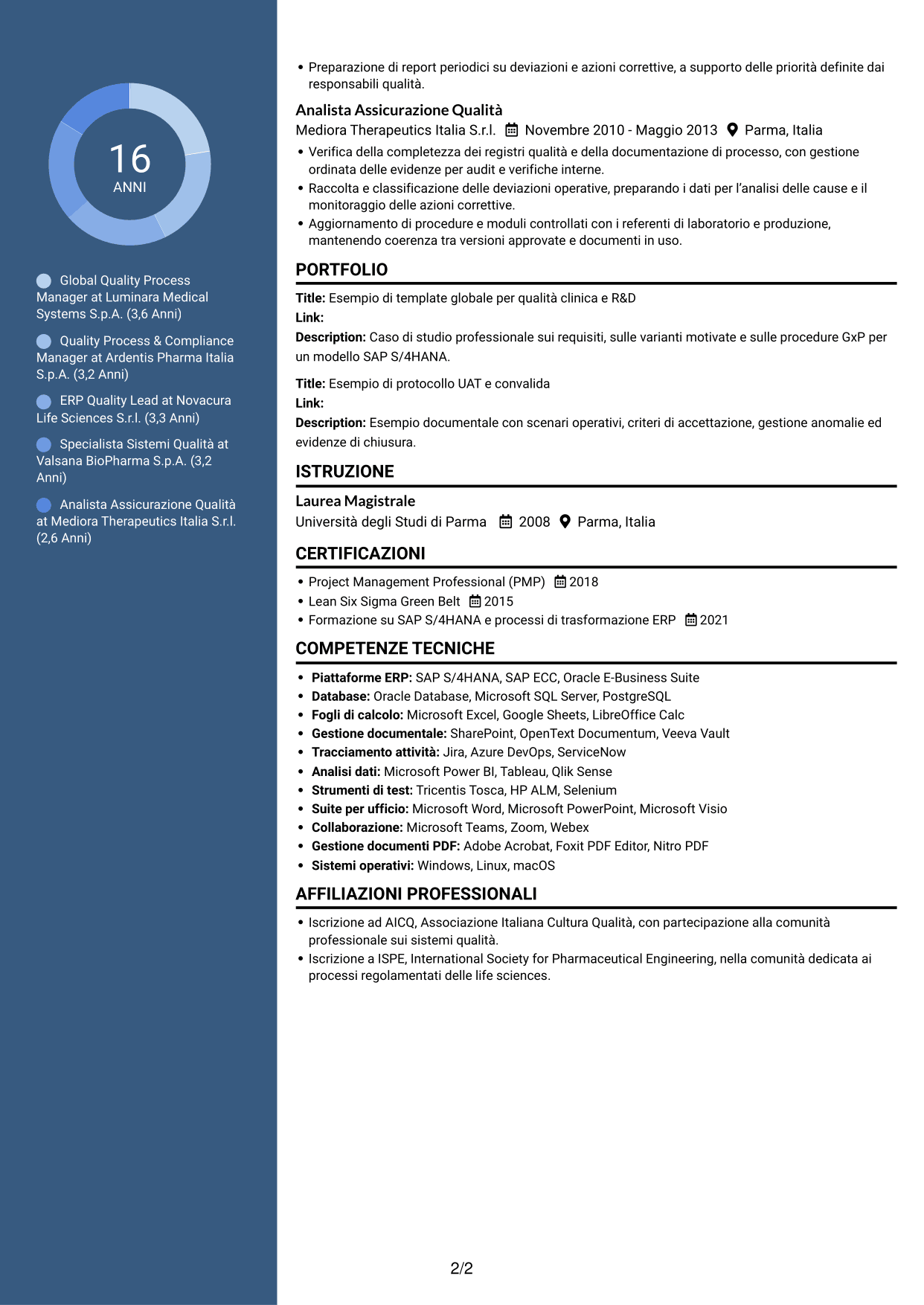 CV Elegante (formato con colonna laterale colorata e foto): Senior Manager, Digital Quality - Clinical/R&D Quality, pagina 2