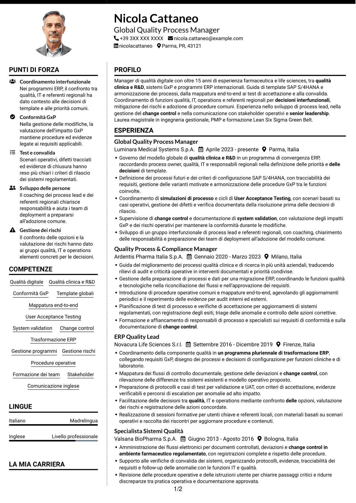 CV Moderno (formato a due colonne con foto a sinistra e separatore): Senior Manager, Digital Quality - Clinical/R&D Quality, pagina 1