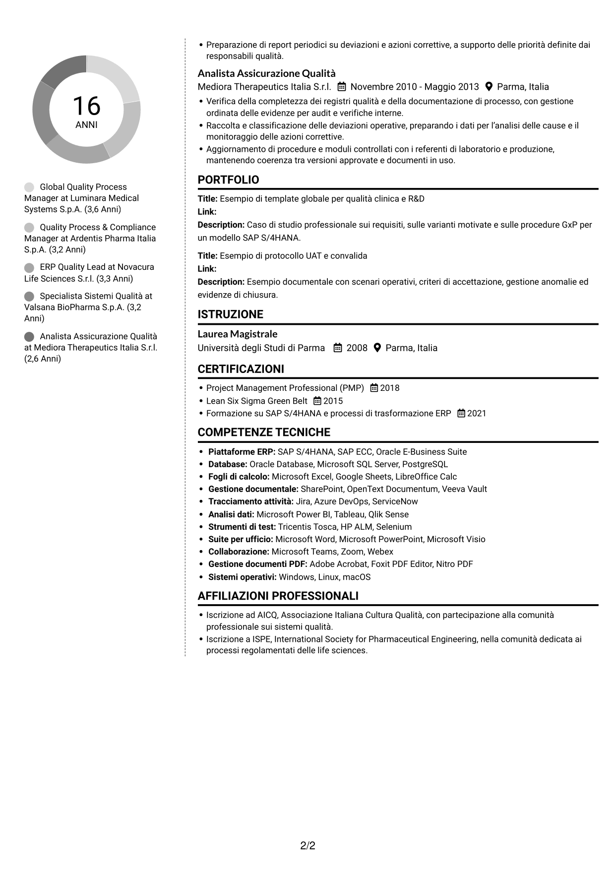CV Moderno (formato a due colonne con foto a sinistra e separatore): Senior Manager, Digital Quality - Clinical/R&D Quality, pagina 2