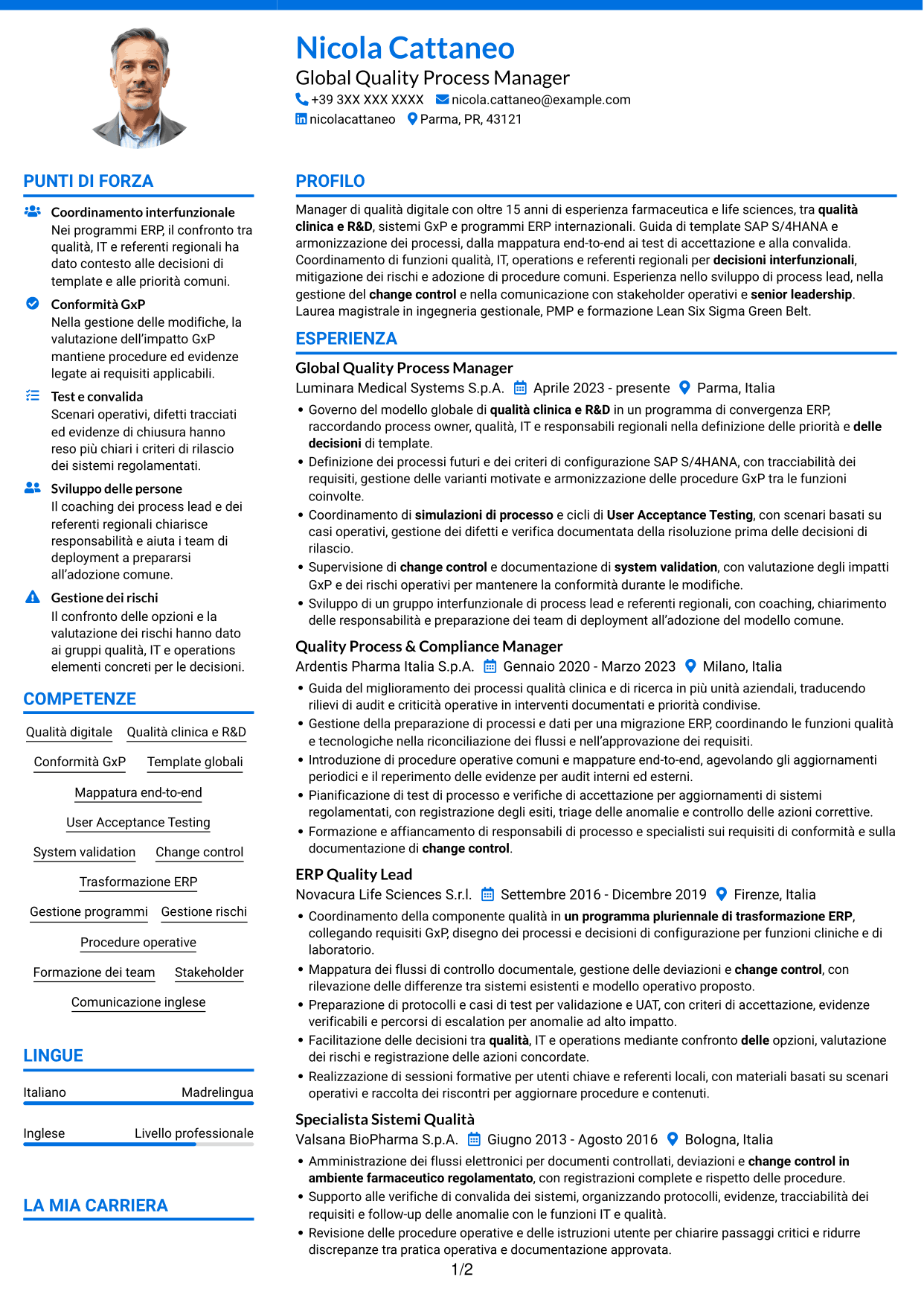CV Audace (formato a due colonne con accenti colorati e foto): Senior Manager, Digital Quality - Clinical/R&D Quality, pagina 1