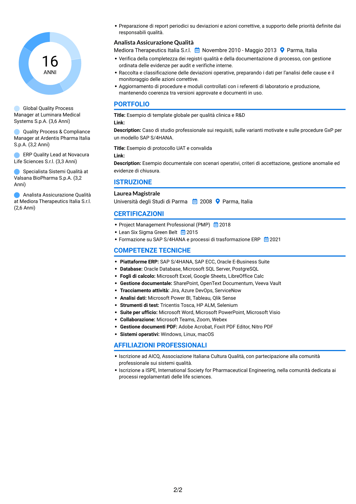 CV Audace (formato a due colonne con accenti colorati e foto): Senior Manager, Digital Quality - Clinical/R&D Quality, pagina 2