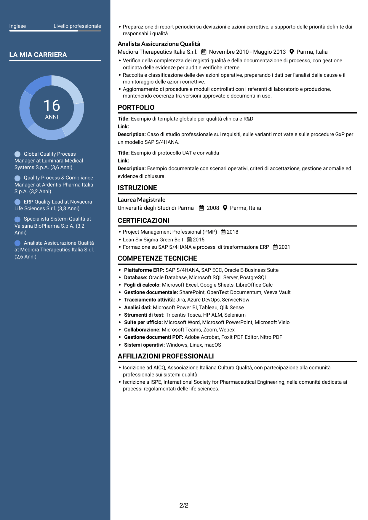 CV Signature (formato con colonna laterale colorata e foto grande): Senior Manager, Digital Quality - Clinical/R&D Quality, pagina 2