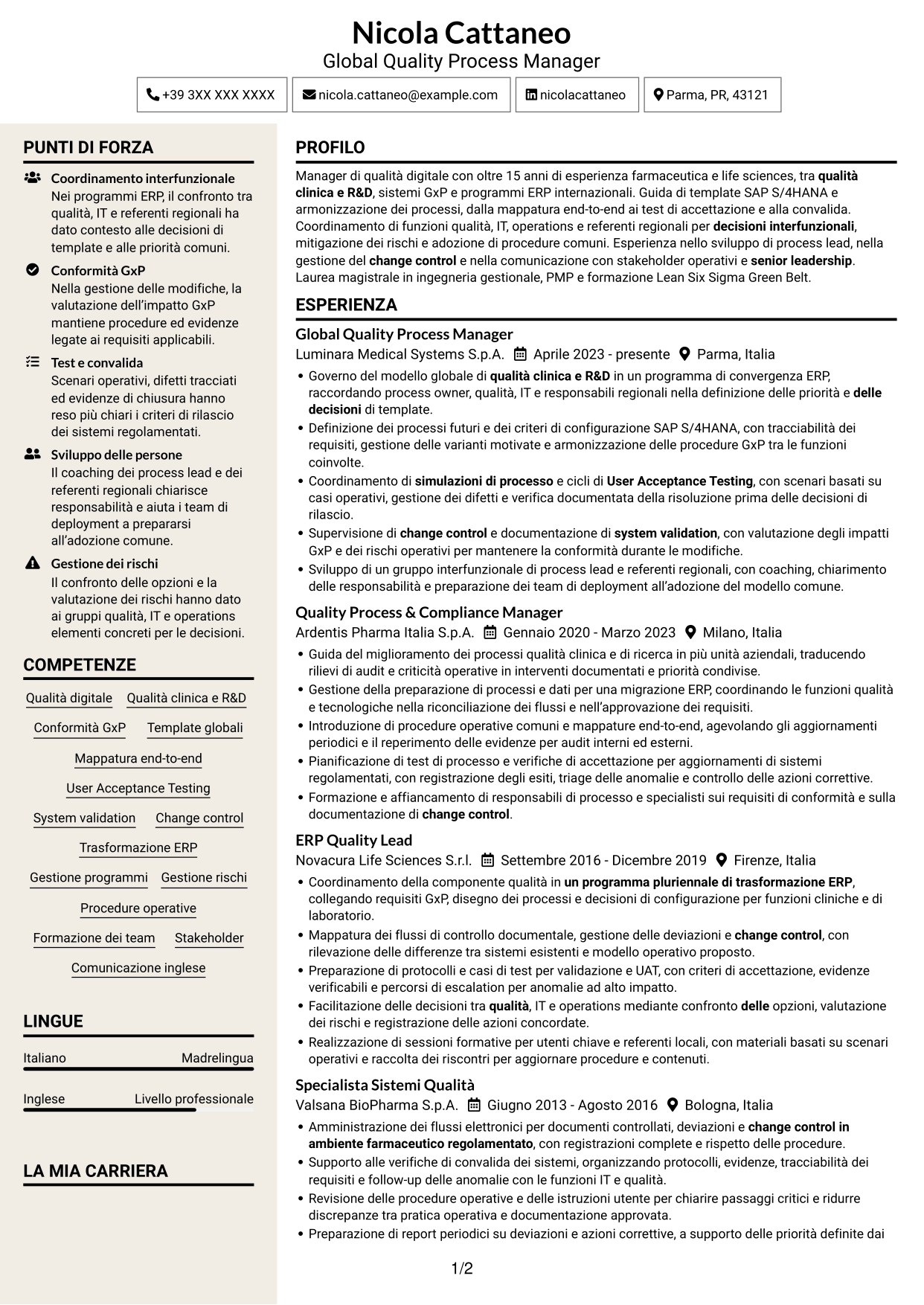 CV Intraprendente (formato a due colonne con intestazione centrata senza foto): Senior Manager, Digital Quality - Clinical/R&D Quality, pagina 1