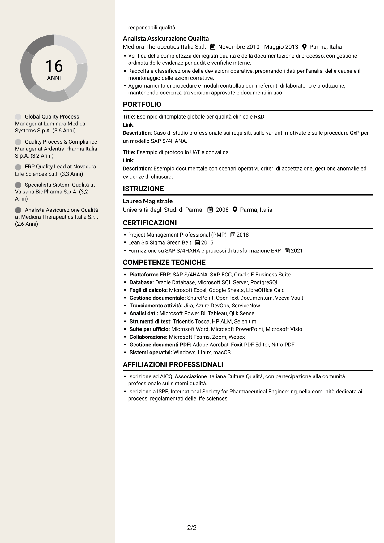 CV Intraprendente (formato a due colonne con intestazione centrata senza foto): Senior Manager, Digital Quality - Clinical/R&D Quality, pagina 2