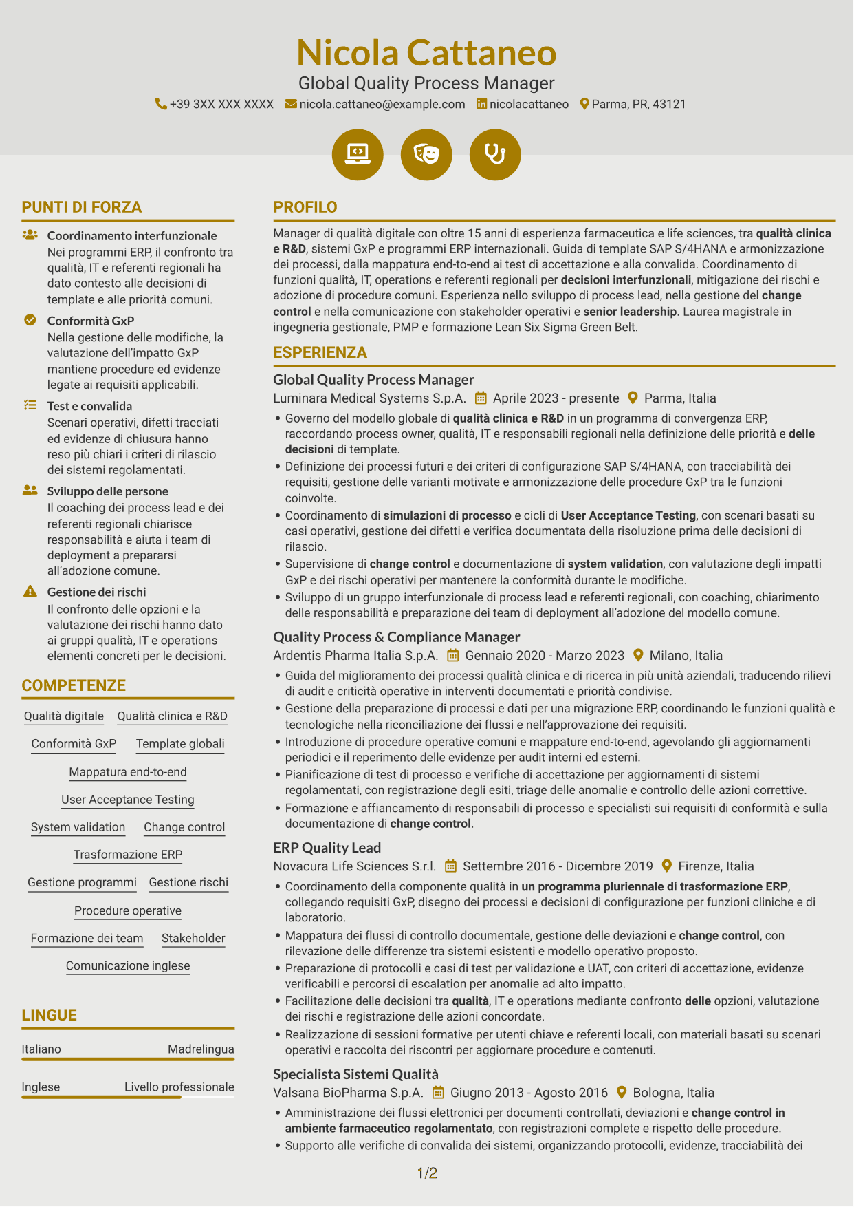 CV Dinamico (formato a due colonne con icone): Senior Manager, Digital Quality - Clinical/R&D Quality, pagina 1