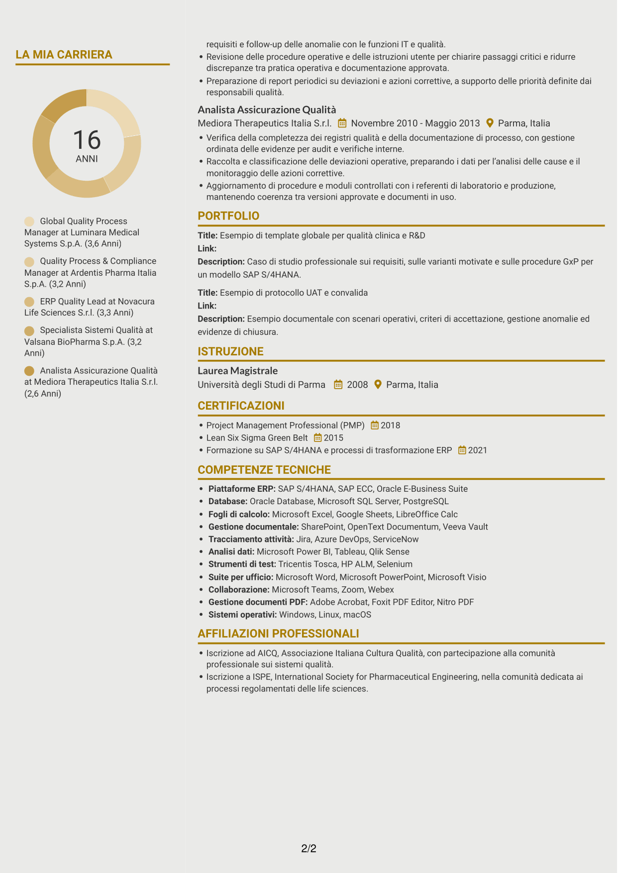 CV Dinamico (formato a due colonne con icone): Senior Manager, Digital Quality - Clinical/R&D Quality, pagina 2