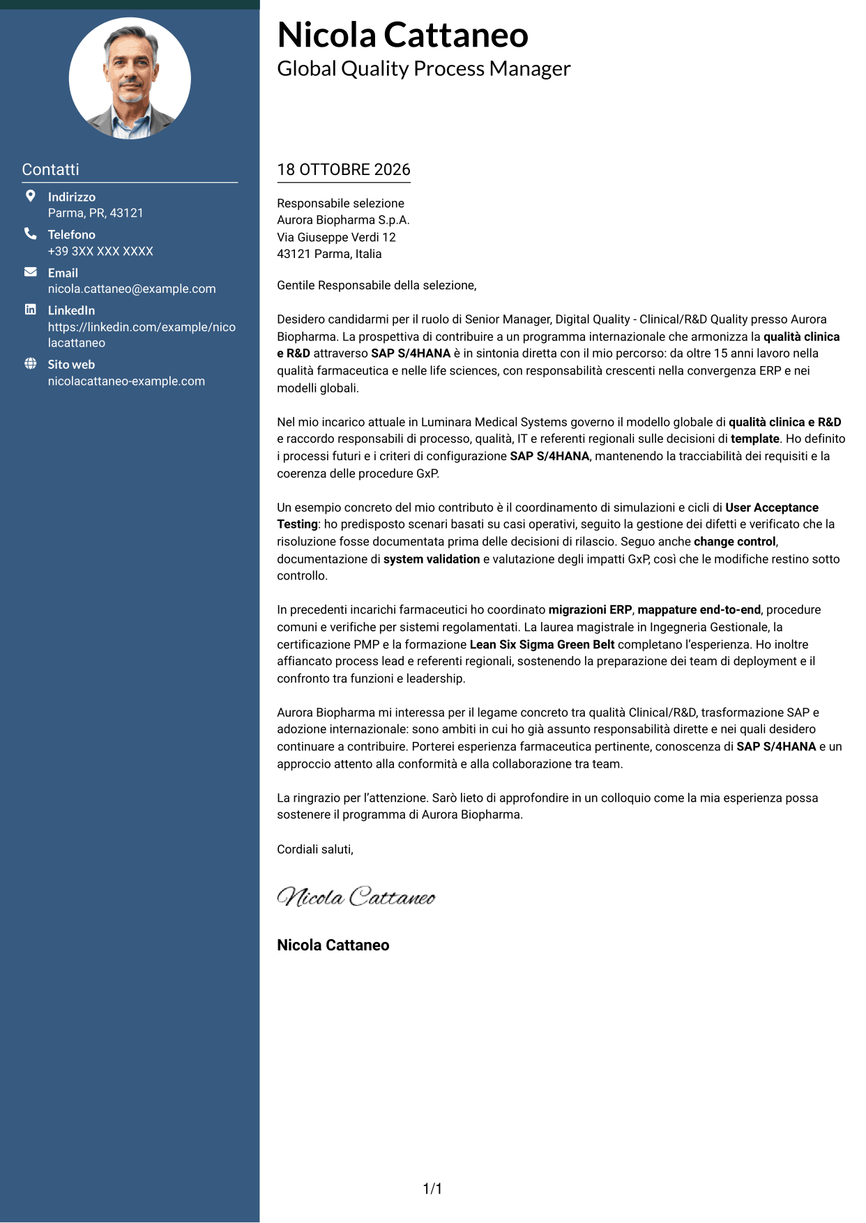 Lettera di presentazione Elegante (formato con colonna laterale colorata e foto): Senior Manager, Digital Quality - Clinical/R&D Quality, pagina 1