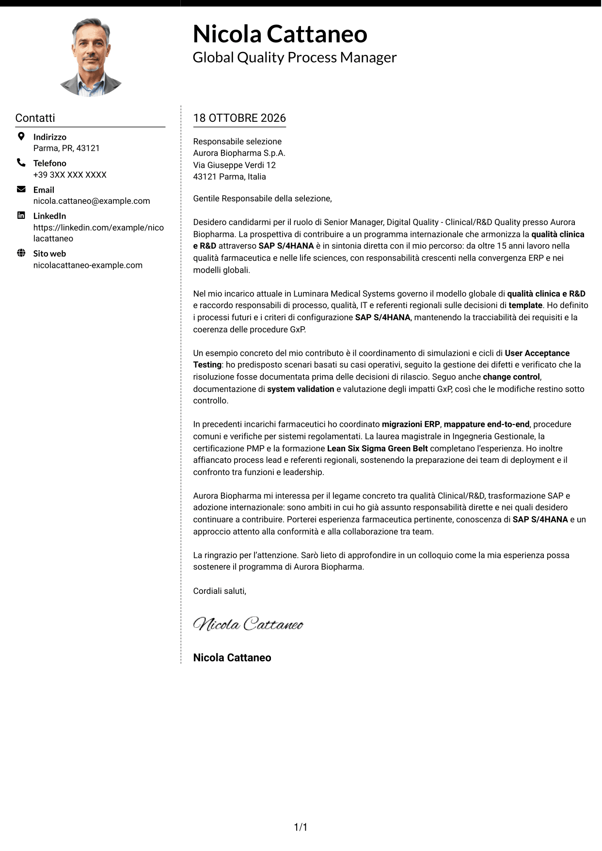 Lettera di presentazione Moderno (formato a due colonne con foto a sinistra e separatore): Senior Manager, Digital Quality - Clinical/R&D Quality, pagina 1