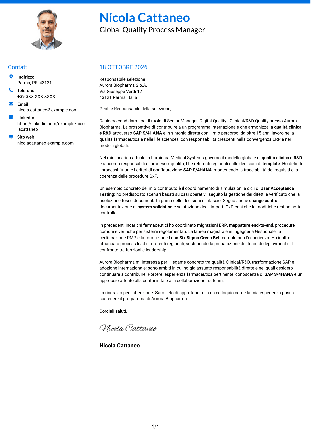 Lettera di presentazione Audace (formato a due colonne con accenti colorati e foto): Senior Manager, Digital Quality - Clinical/R&D Quality, pagina 1