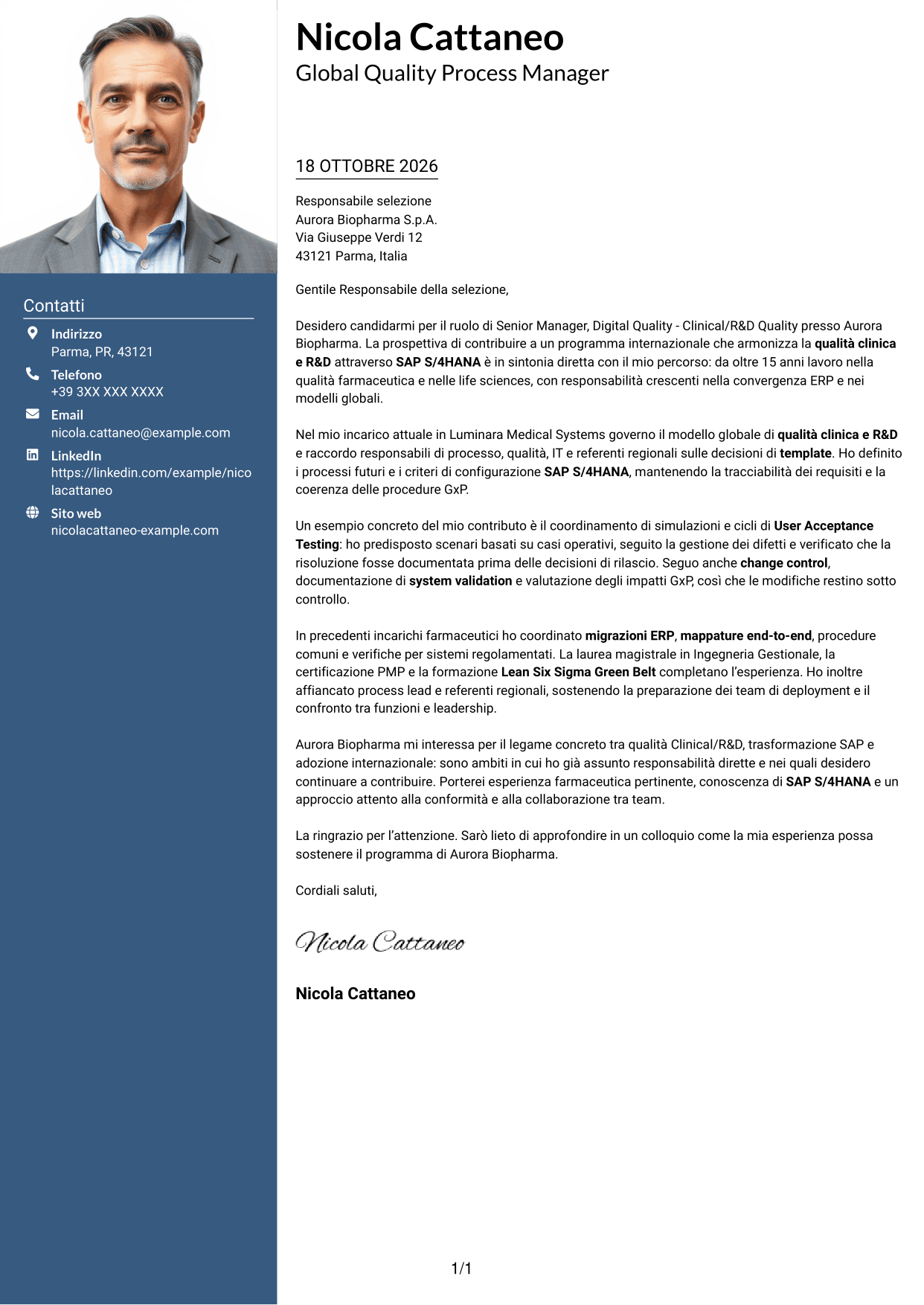 Lettera di presentazione Signature (formato con colonna laterale colorata e foto grande): Senior Manager, Digital Quality - Clinical/R&D Quality, pagina 1