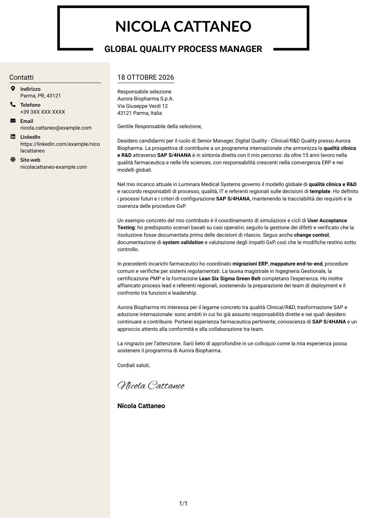 Lettera di presentazione Intraprendente (formato a due colonne con intestazione centrata senza foto): Senior Manager, Digital Quality - Clinical/R&D Quality, pagina 1