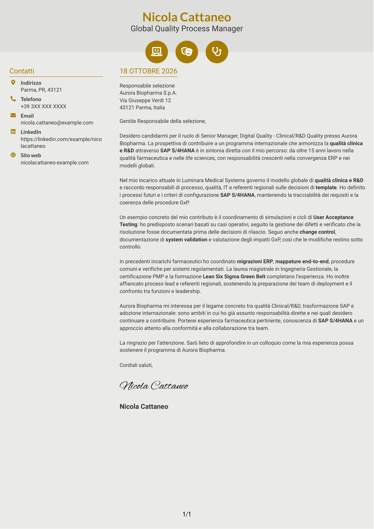 Lettera di presentazione Dinamico (formato a due colonne con icone): Senior Manager, Digital Quality - Clinical/R&D Quality, pagina 1