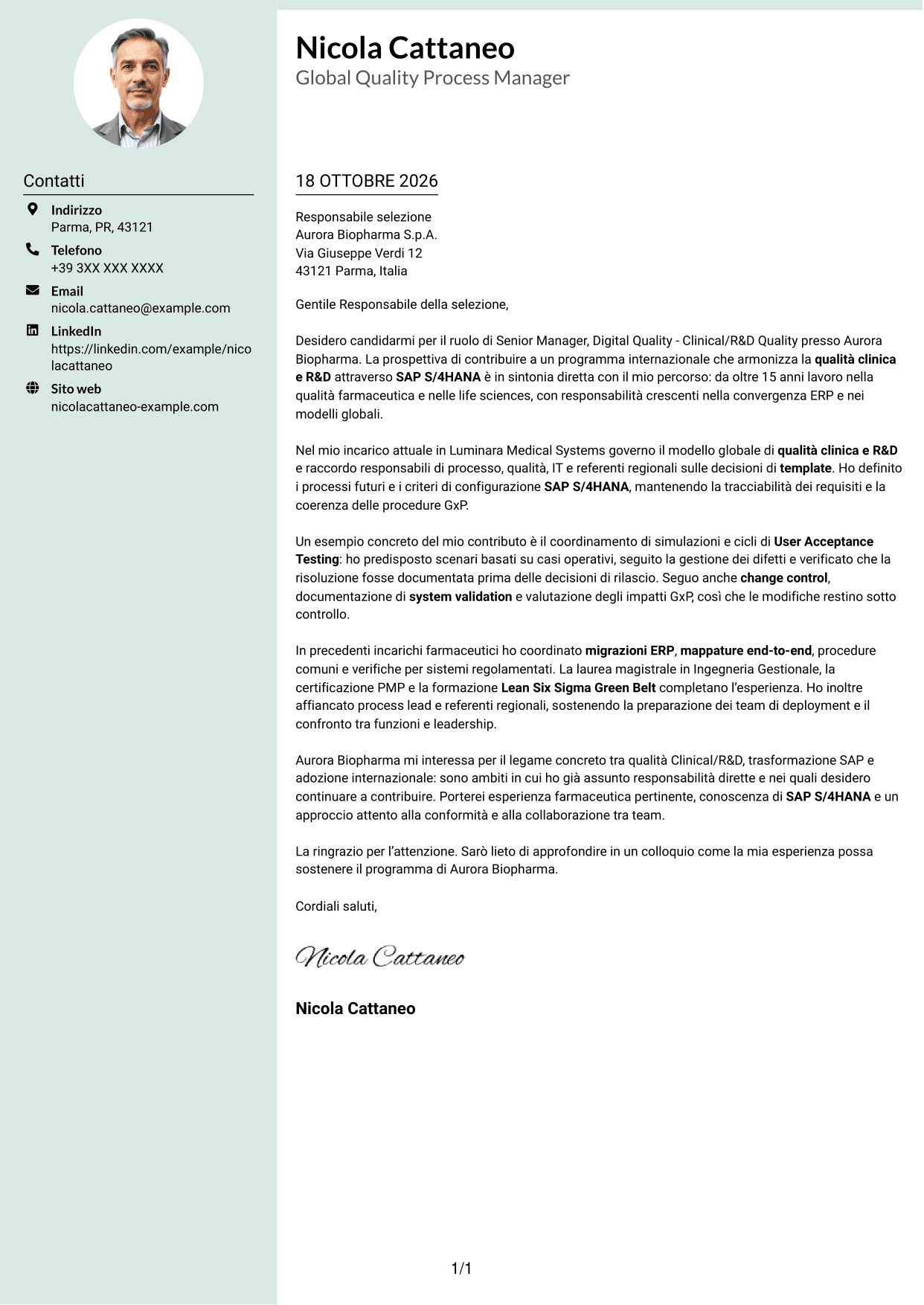 Lettera di presentazione Dirigente (formato con colonna laterale tenue e foto arrotondata): Senior Manager, Digital Quality - Clinical/R&D Quality, pagina 1