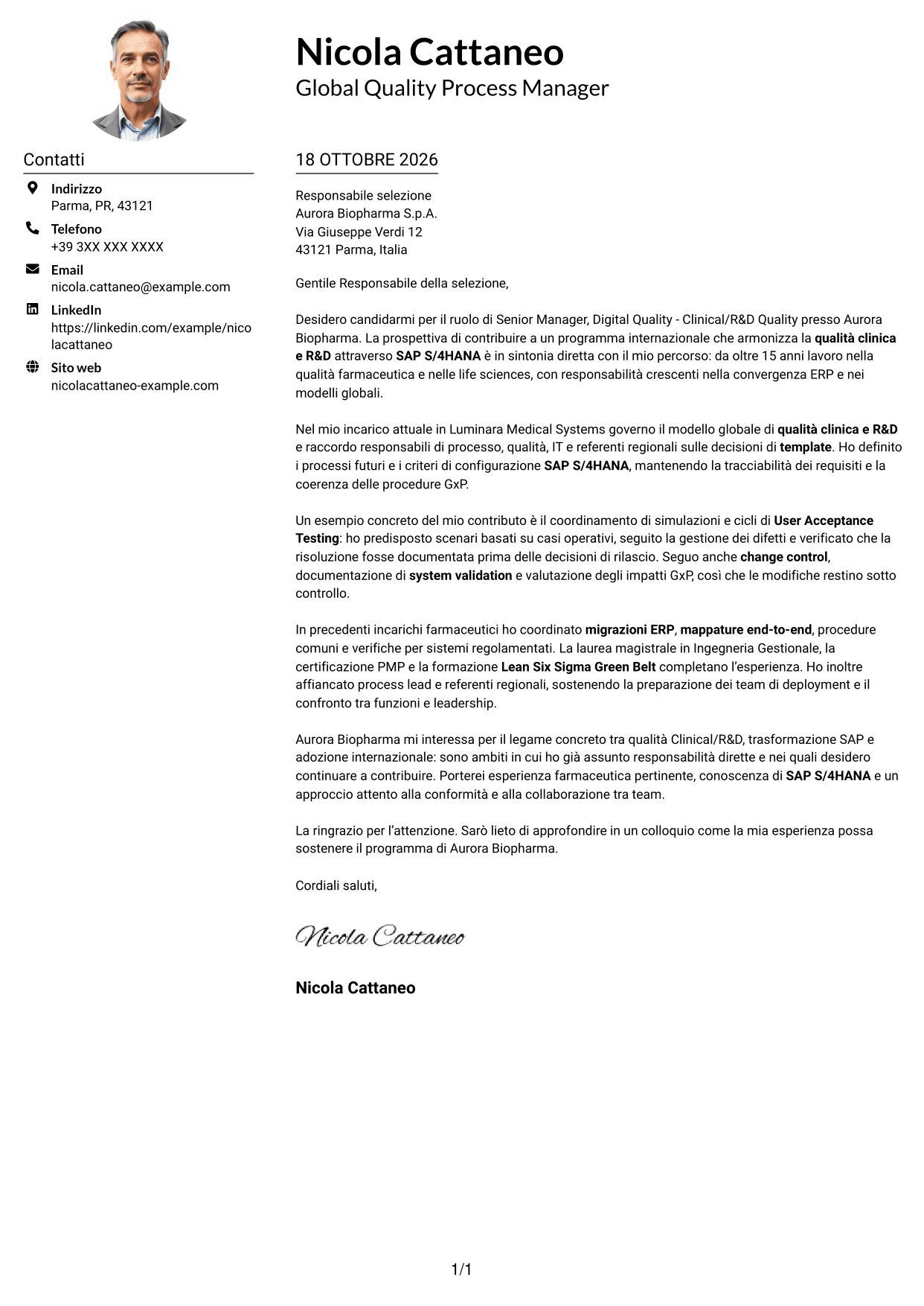 Esempio di lettera di presentazione — pagina 1