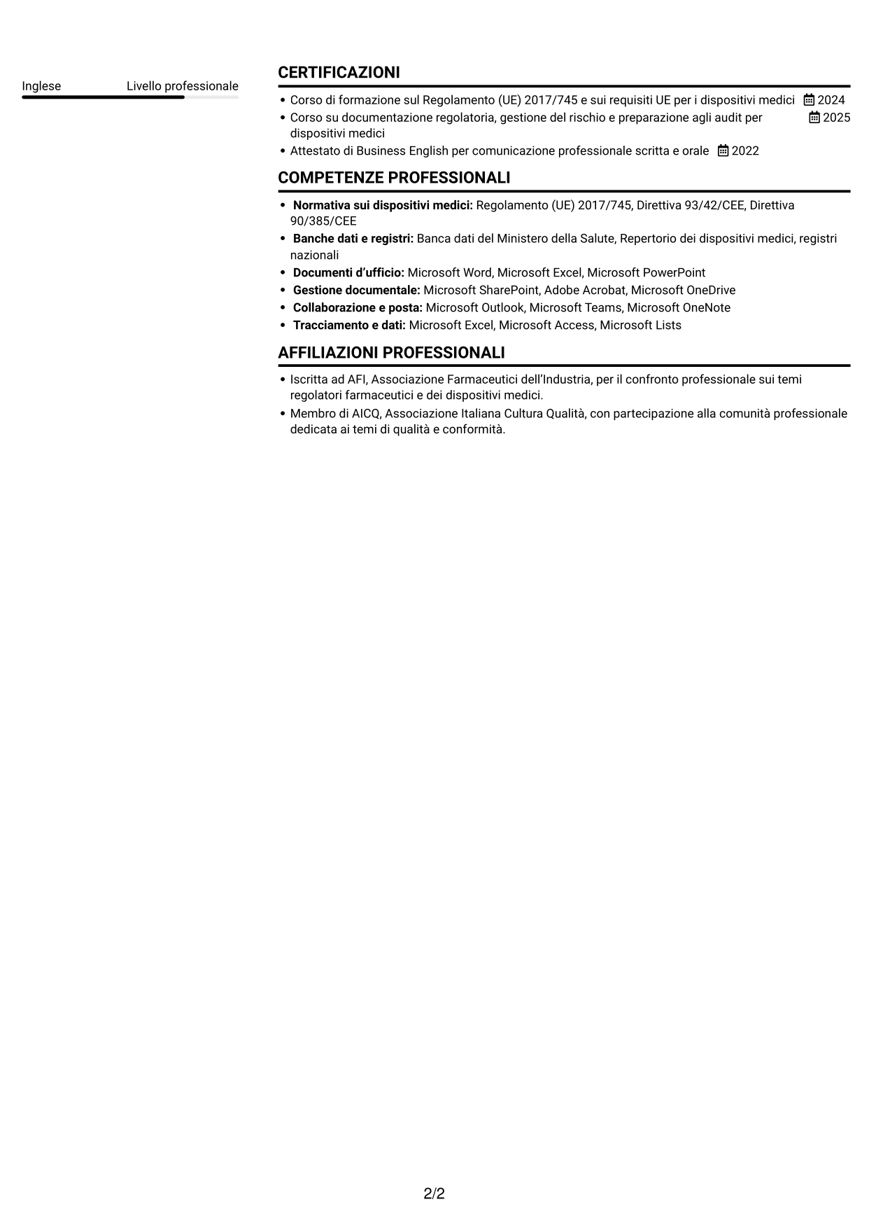 CV Compatto (formato sobrio a due colonne con foto): Senior Specialista Regulatory Affairs - Dispositivi Medici, pagina 2