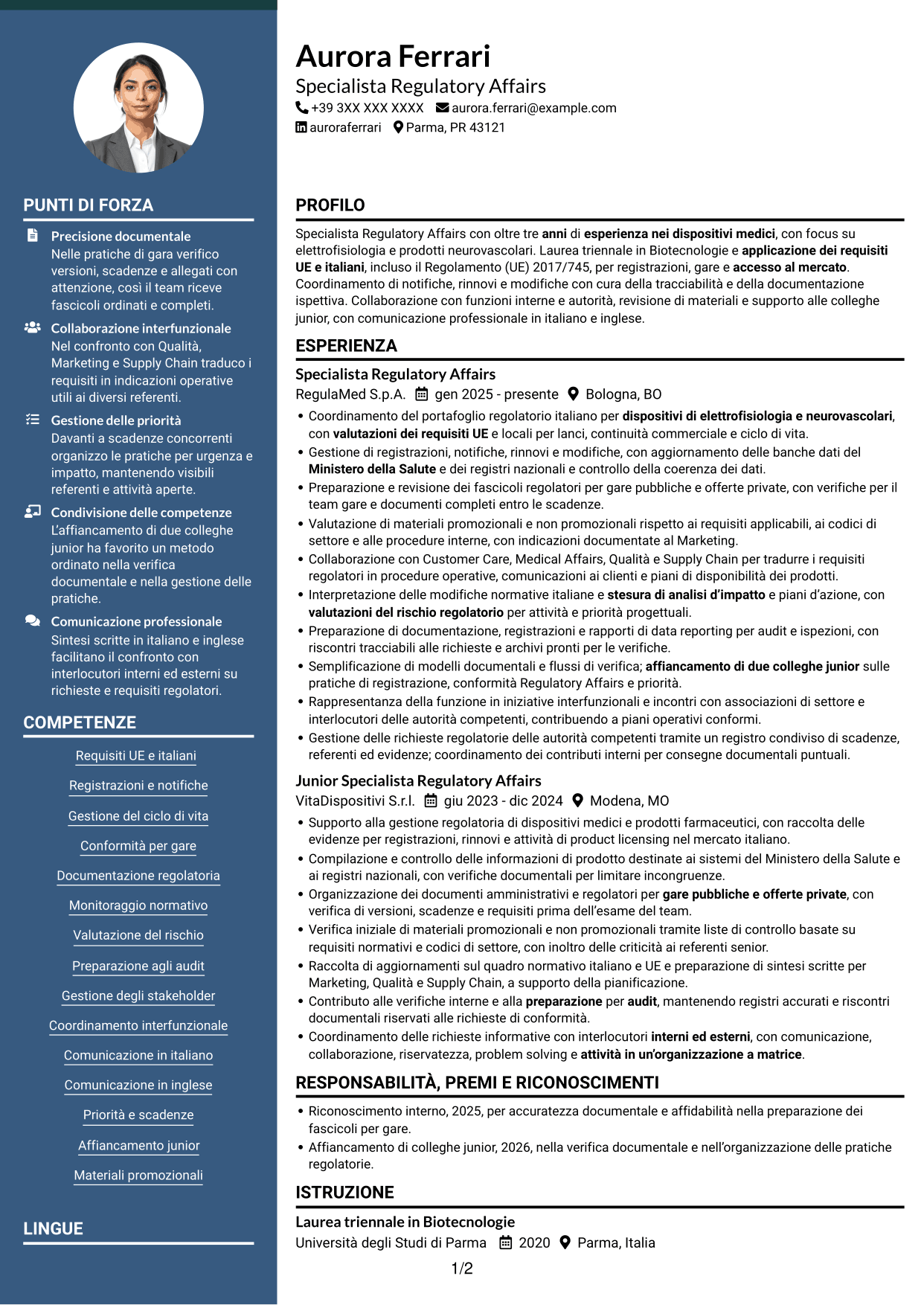 CV Elegante (formato con colonna laterale colorata e foto): Senior Specialista Regulatory Affairs - Dispositivi Medici, pagina 1