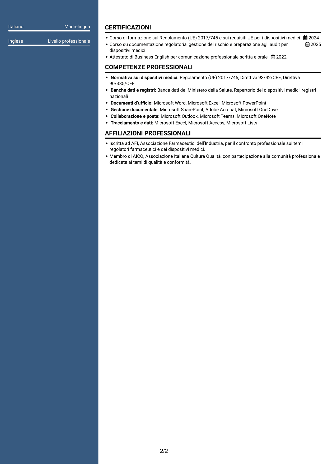 CV Elegante (formato con colonna laterale colorata e foto): Senior Specialista Regulatory Affairs - Dispositivi Medici, pagina 2