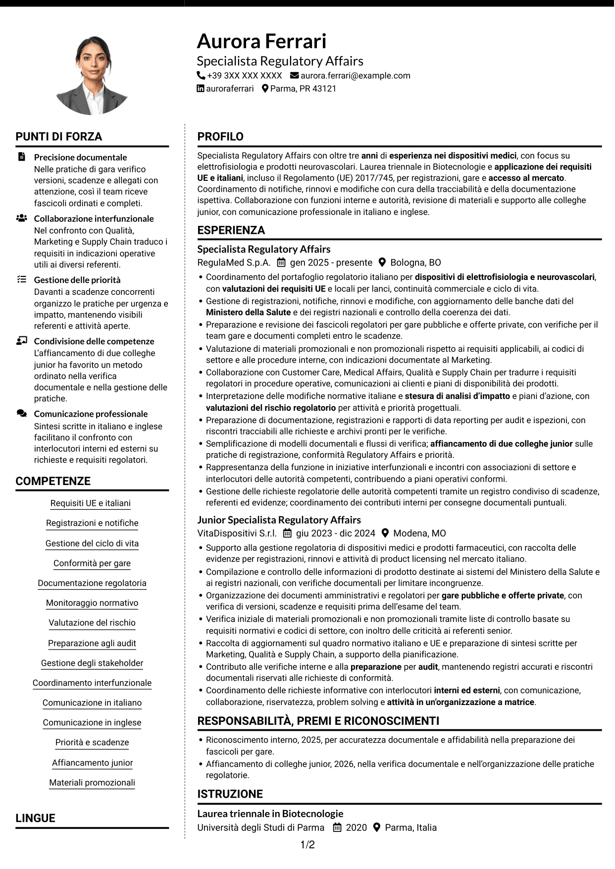 CV Moderno (formato a due colonne con foto a sinistra e separatore): Senior Specialista Regulatory Affairs - Dispositivi Medici, pagina 1