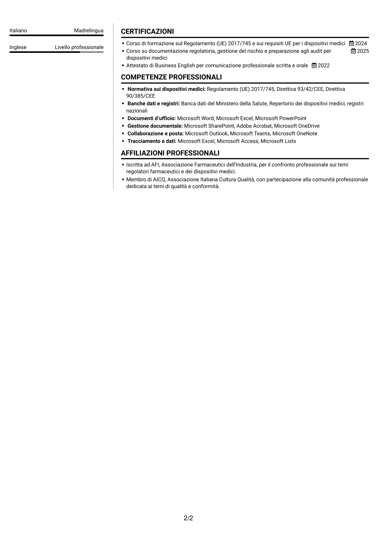 CV Moderno (formato a due colonne con foto a sinistra e separatore): Senior Specialista Regulatory Affairs - Dispositivi Medici, pagina 2