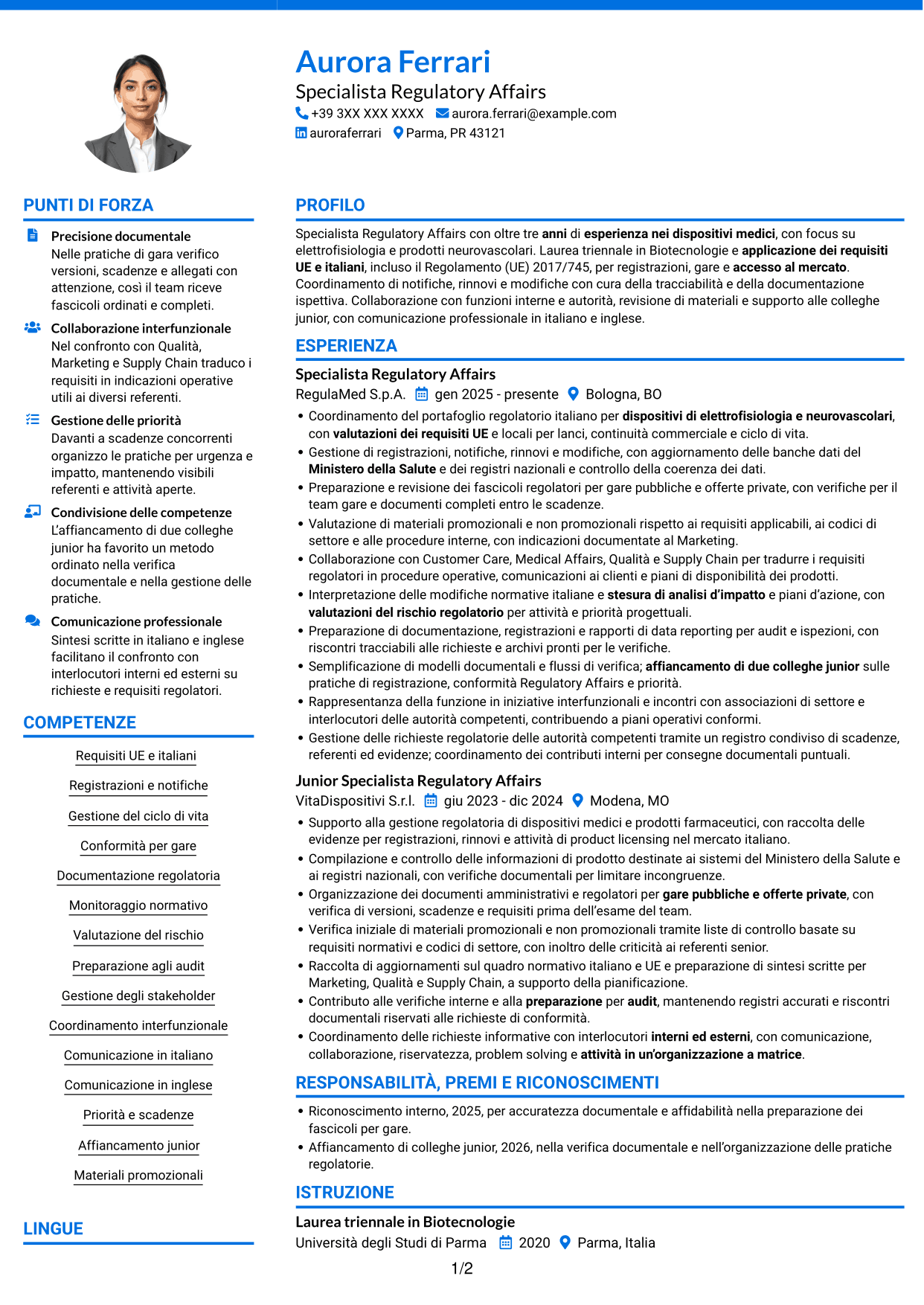 CV Audace (formato a due colonne con accenti colorati e foto): Senior Specialista Regulatory Affairs - Dispositivi Medici, pagina 1