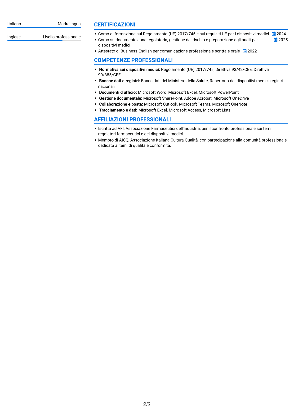 CV Audace (formato a due colonne con accenti colorati e foto): Senior Specialista Regulatory Affairs - Dispositivi Medici, pagina 2