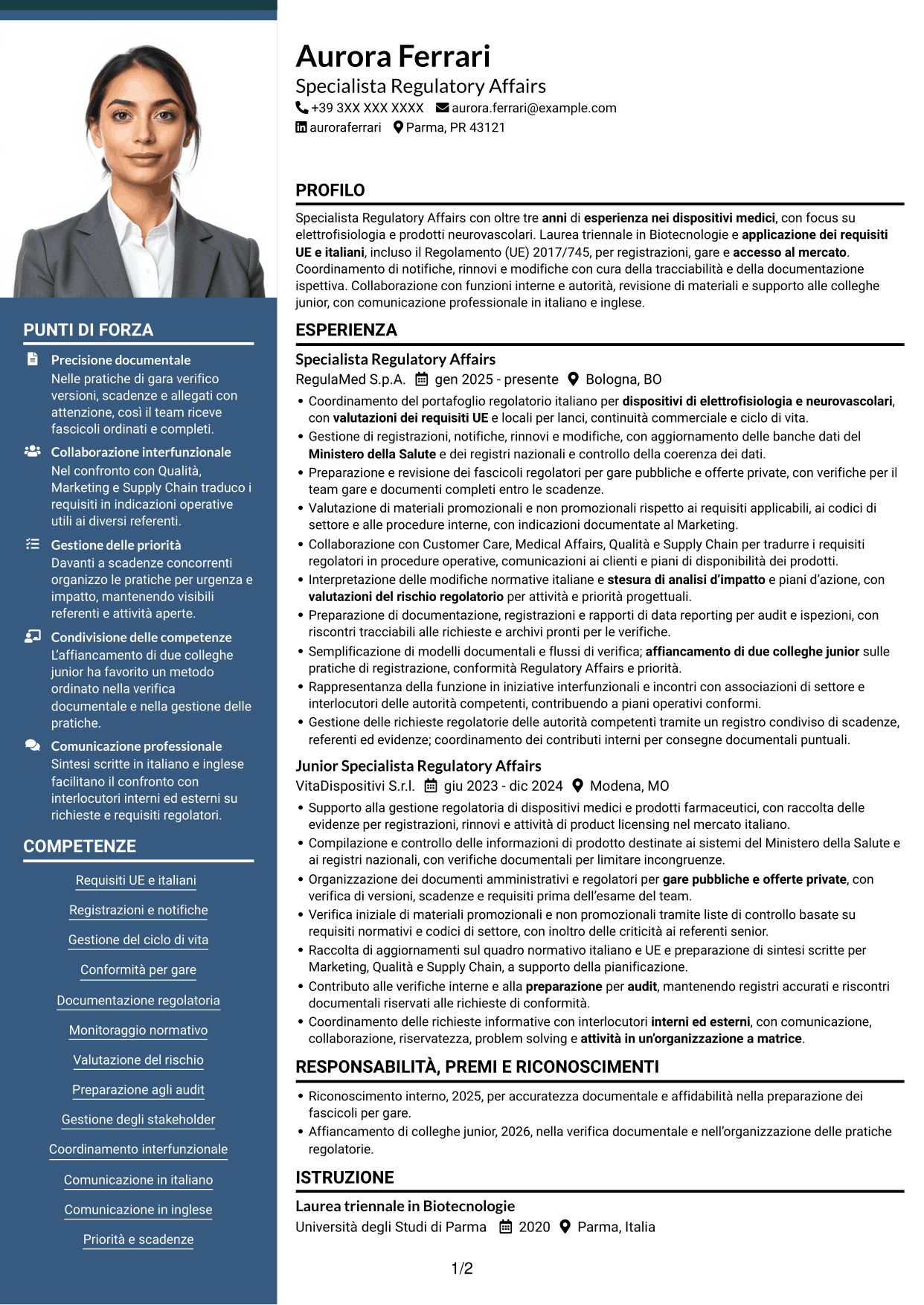 CV Signature (formato con colonna laterale colorata e foto grande): Senior Specialista Regulatory Affairs - Dispositivi Medici, pagina 1
